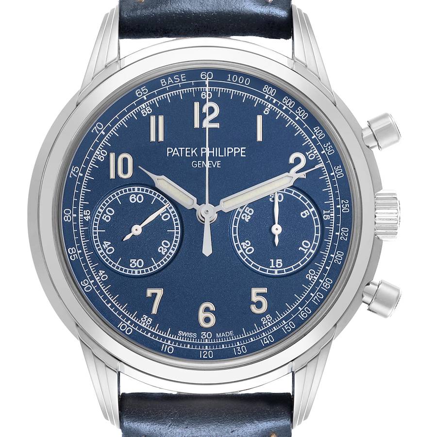 The Patek Philippe Complications watch is shown from a front angle, displaying the dial, subdials, and side pushers.