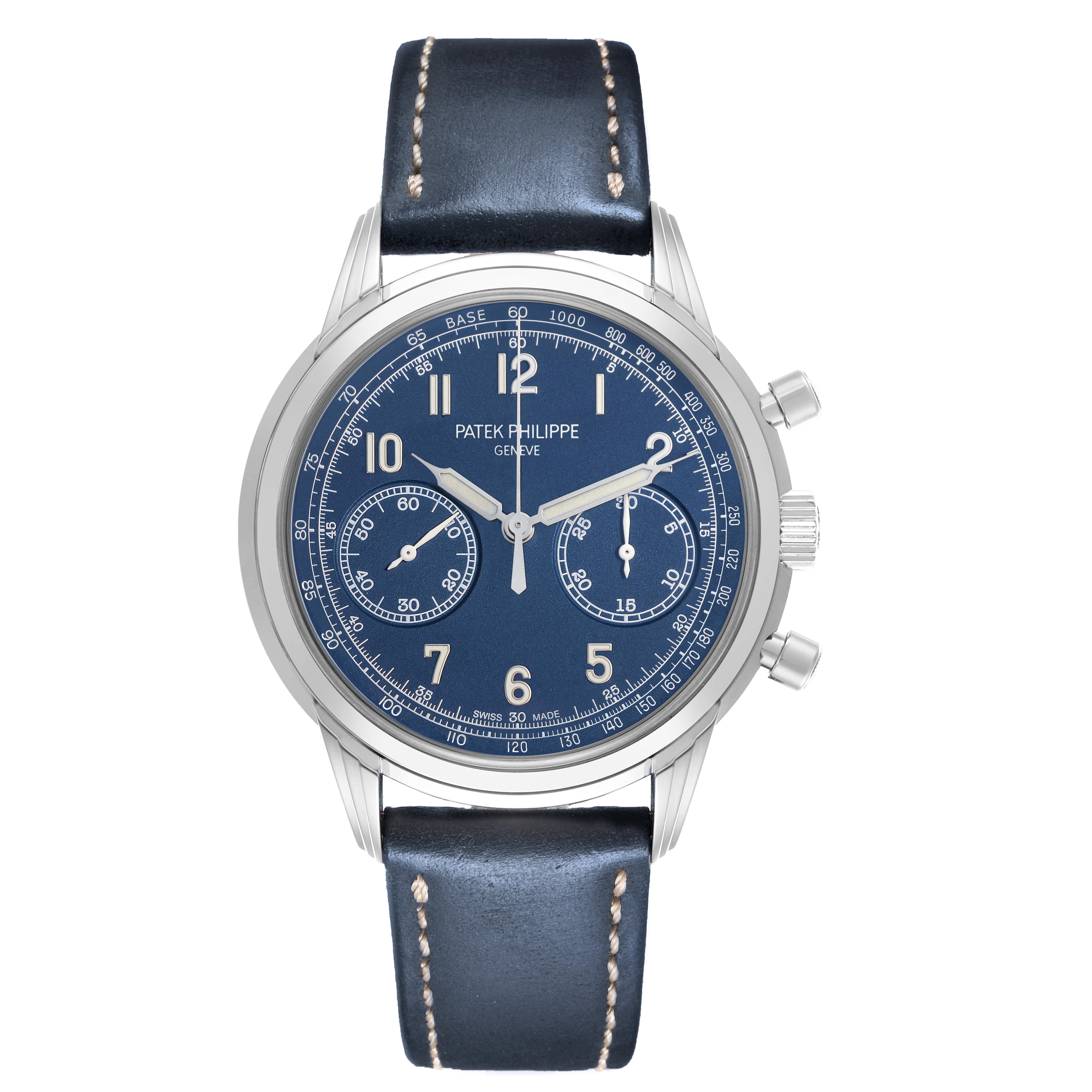 The Patek Philippe Complications 5172G-001 Men
s White Gold Blue Dial 5172G-001 Men
s White Gold Blue Dial watch is shown from the front, displaying the face, dial, and leather strap.