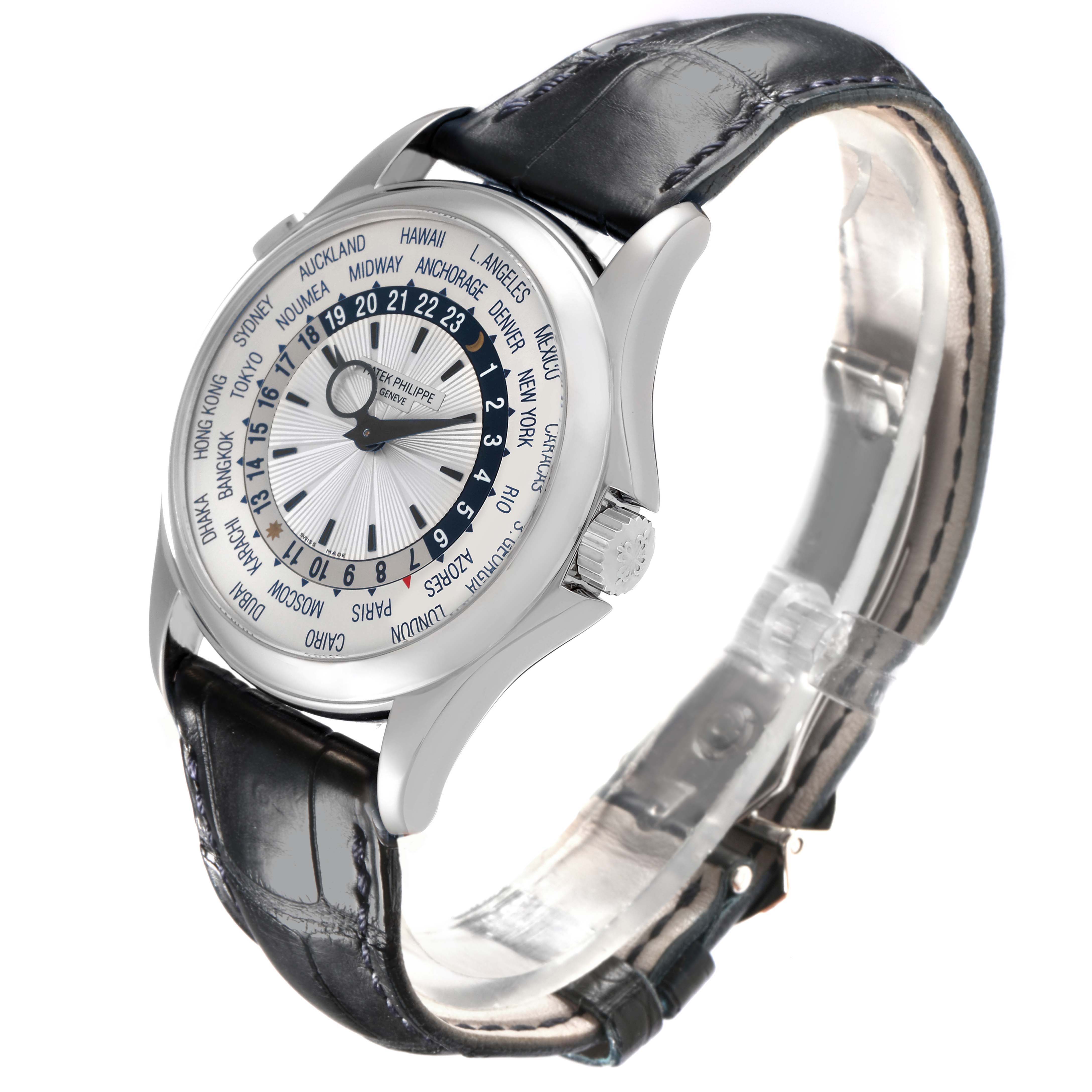 The Patek Philippe Complications 5130G-001 Men
s White Gold Silver Dial 5130G-001 Men
s White Gold Silver Dial model is shown at a three-quarter angle, highlighting the dial, bezel, and leather strap.