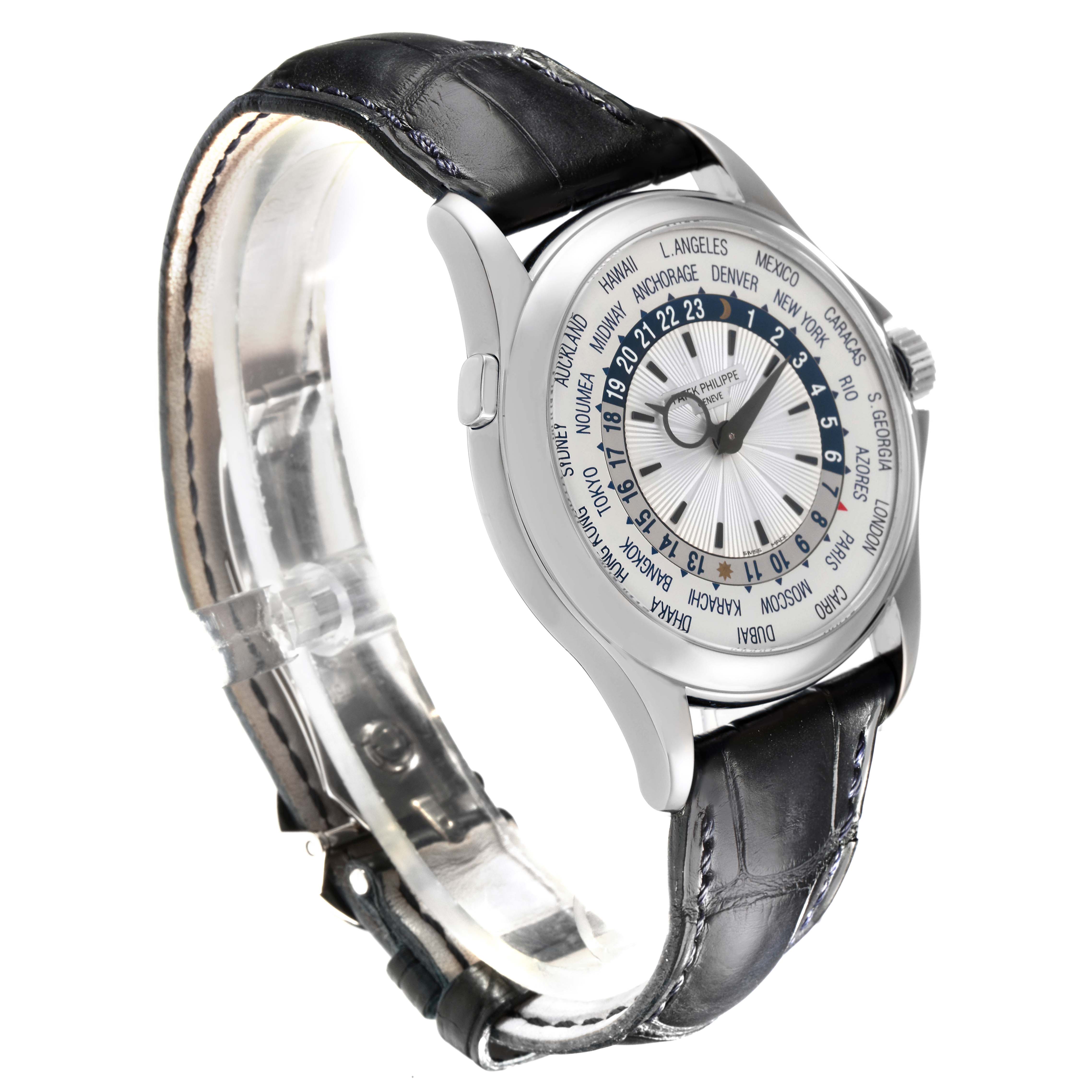 The Patek Philippe Complications 5130G-001 Men
s White Gold Silver Dial 5130G-001 Men
s White Gold Silver Dial watch is shown at a slight angle, displaying the dial, case, and strap.