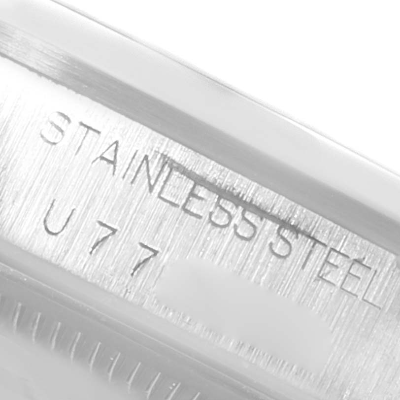 The image shows a close-up of the side of the Rolex Air-King 14000 Men's Stainless Steel Pink Dial 14000 Men's Stainless Steel Pink Dial watch case, highlighting the "STAINLESS STEEL" engraving.