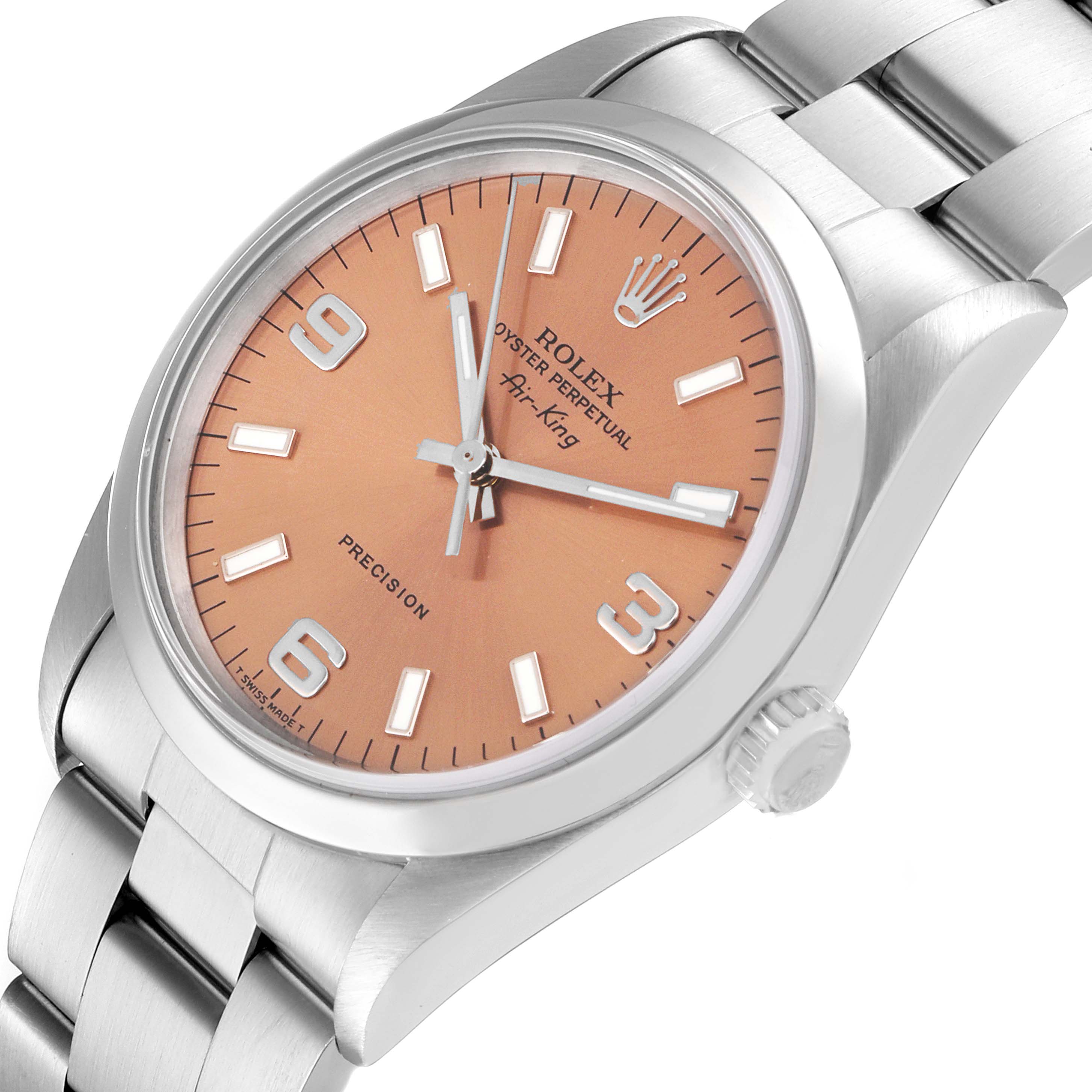 The image shows a Rolex Air-King 14000 Men's Stainless Steel Pink Dial 14000 Men's Stainless Steel Pink Dial watch at a slight angle, highlighting the dial, crown, and part of the bracelet.