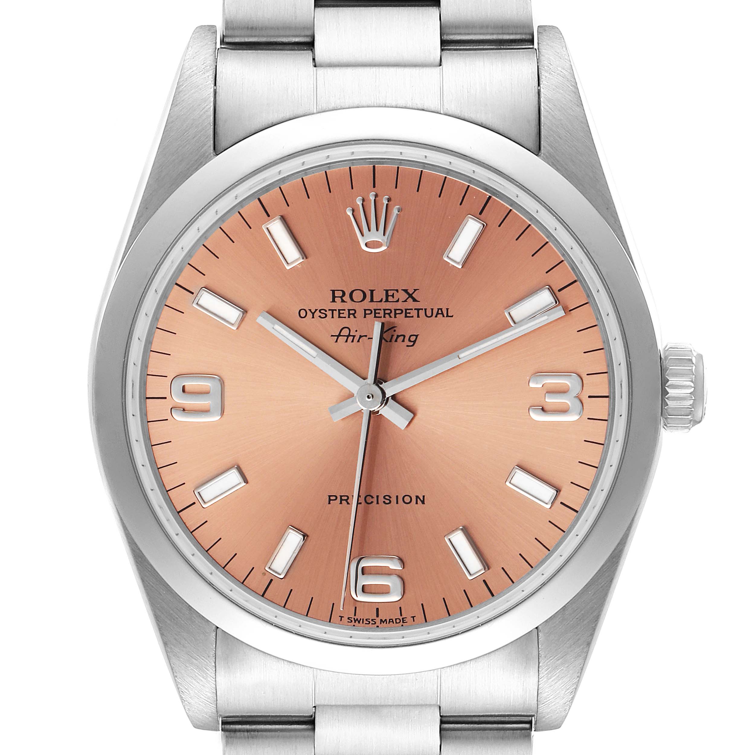 The image shows a front view of a Rolex Air-King 14000 Men's Stainless Steel Pink Dial 14000 Men's Stainless Steel Pink Dial watch, highlighting the dial, hands, and part of the bracelet.