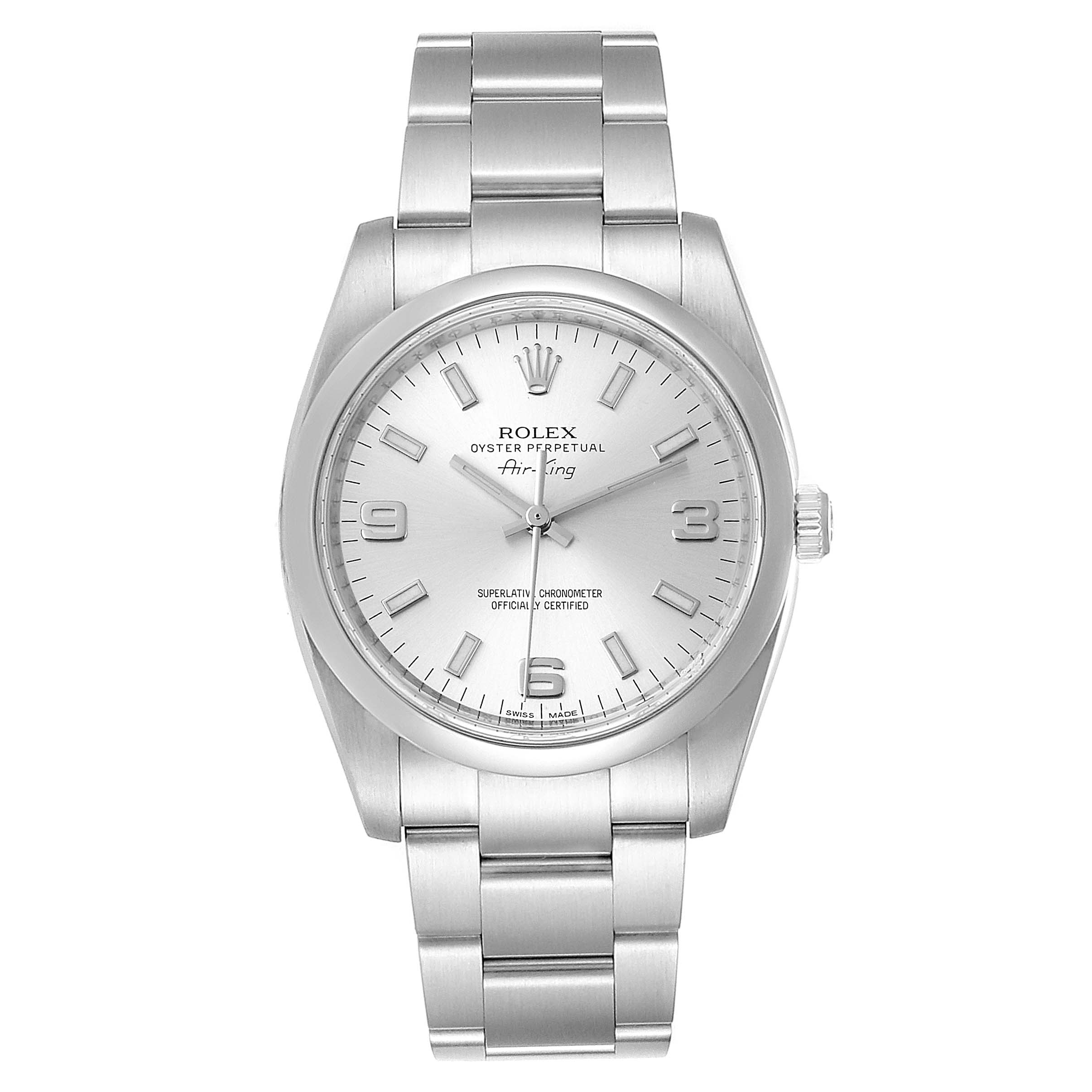 The image shows a Rolex Air-King 114200 Men's Stainless Steel Silver Dial 114200 Men's Stainless Steel Silver Dial watch front view, displaying its dial, case, and bracelet in full detail.