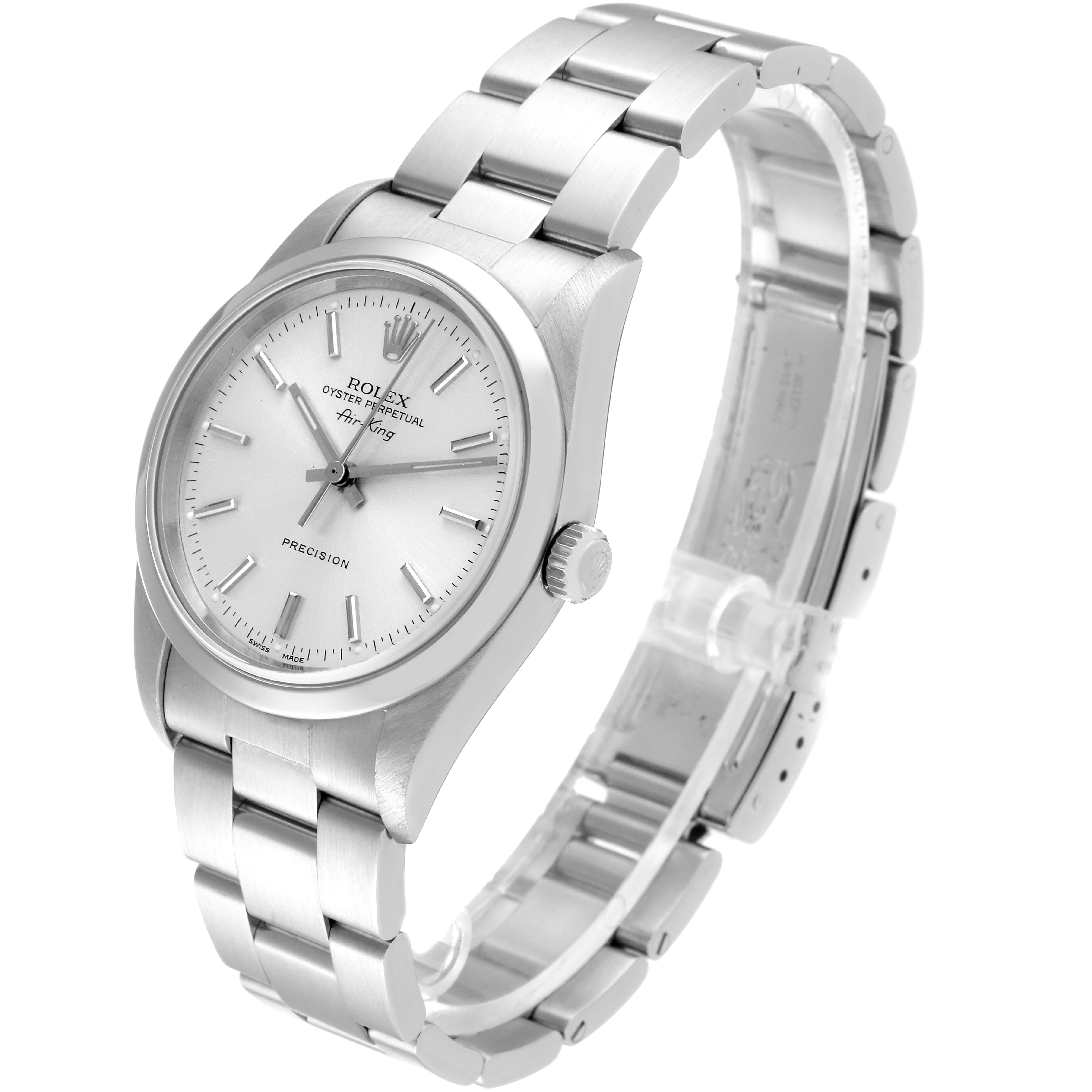 This is a left side view of the Rolex Air-King 14000 Men's Stainless Steel Silver Dial 14000 Men's Stainless Steel Silver Dial watch showing the face, bezel, crown, and part of the bracelet.