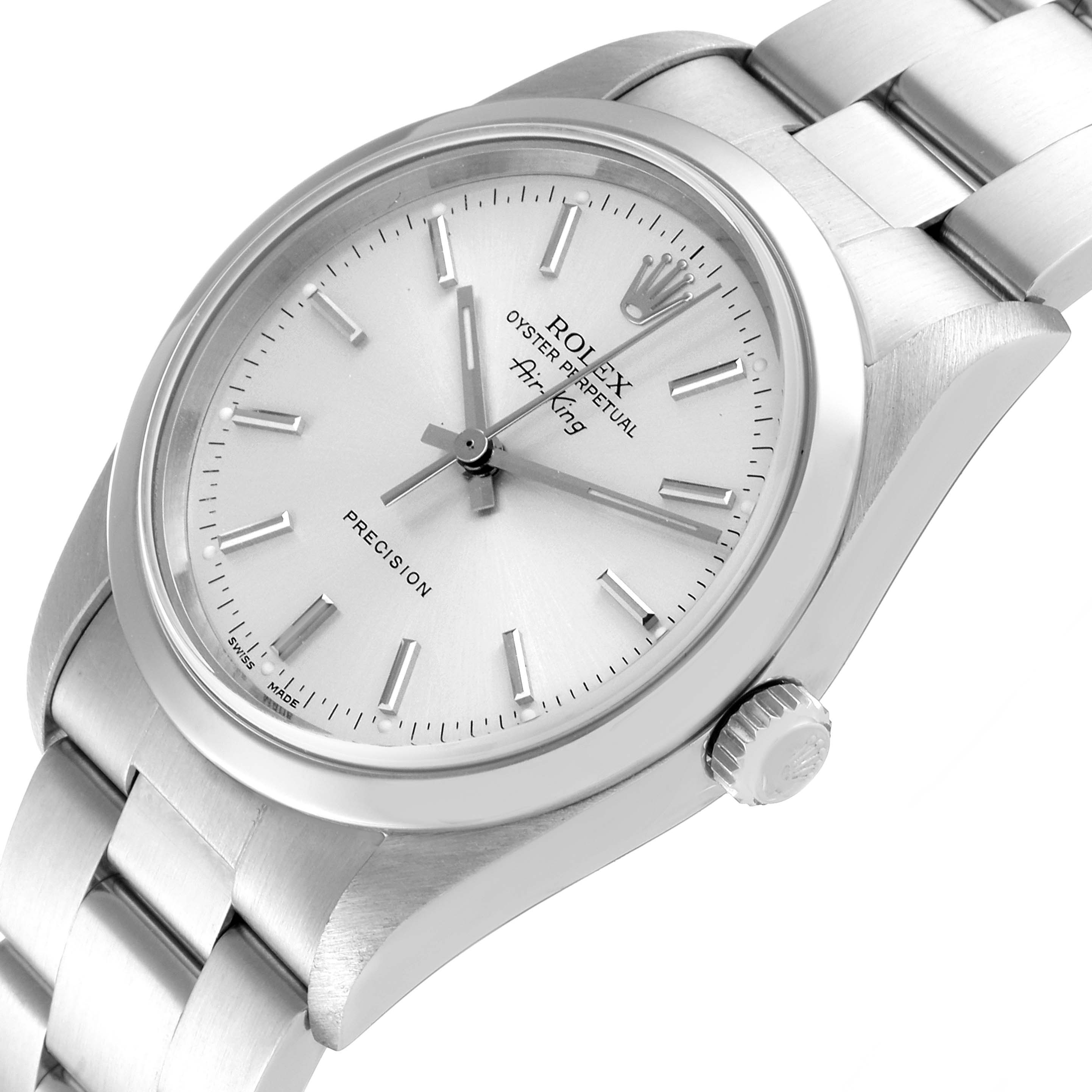The image shows a close-up, angled view of the Rolex Air-King 14000 Men's Stainless Steel Silver Dial 14000 Men's Stainless Steel Silver Dial watch, featuring its dial, bezel, crown, and part of the bracelet.