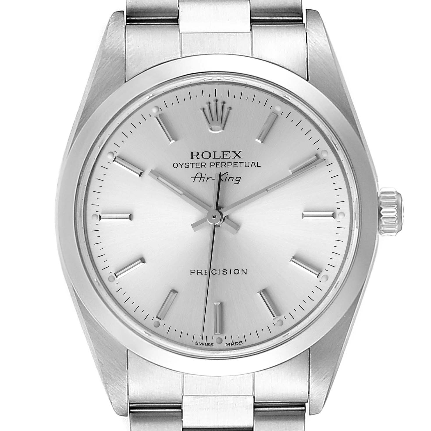 The image shows a front view of the Rolex Air-King 14000 Men's Stainless Steel Silver Dial 14000 Men's Stainless Steel Silver Dial watch, highlighting the dial, hands, crown, and part of the bracelet.