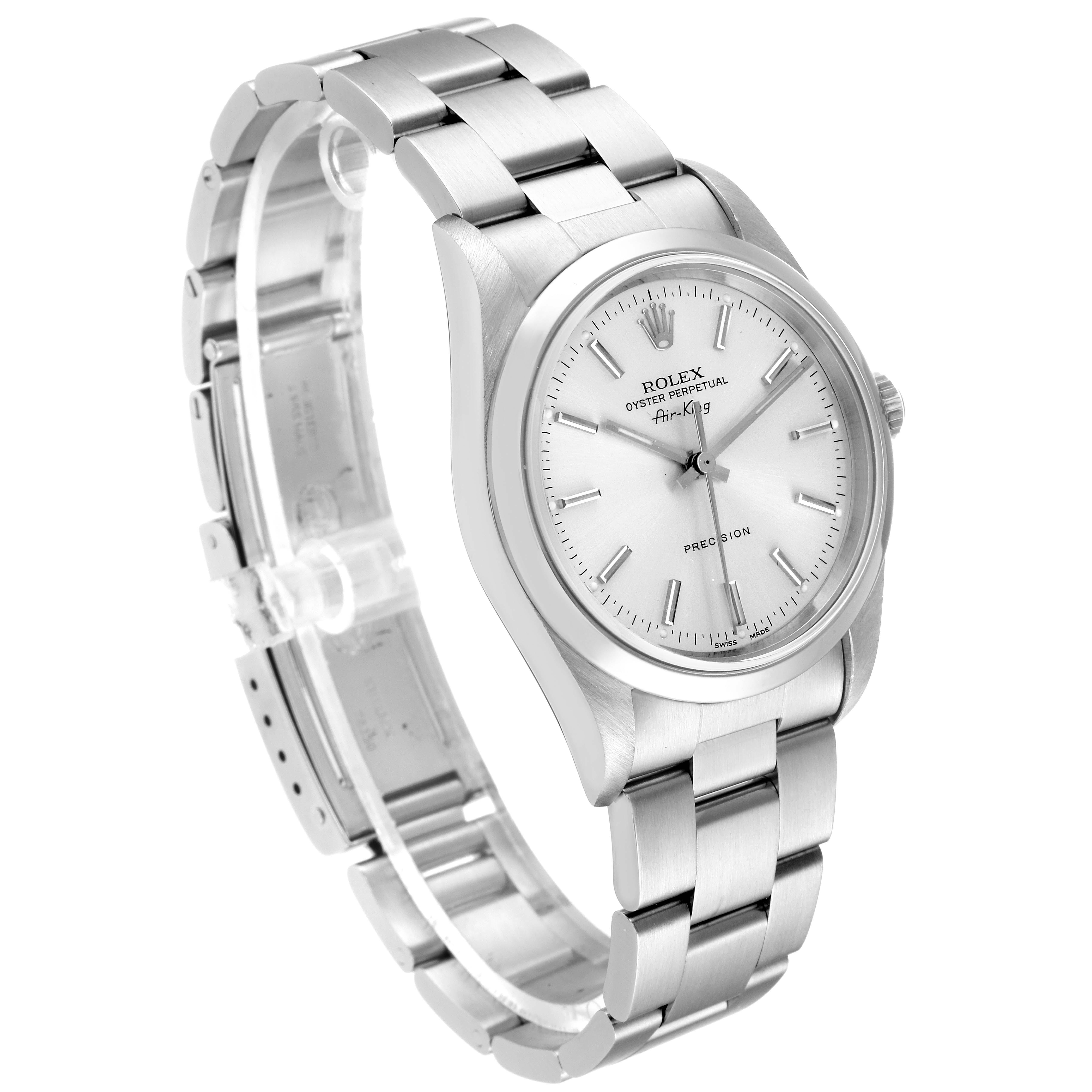 This image shows a side-angle view of a Rolex Air-King 14000 Men's Stainless Steel Silver Dial 14000 Men's Stainless Steel Silver Dial watch, displaying the face, bezel, crown, and bracelet.