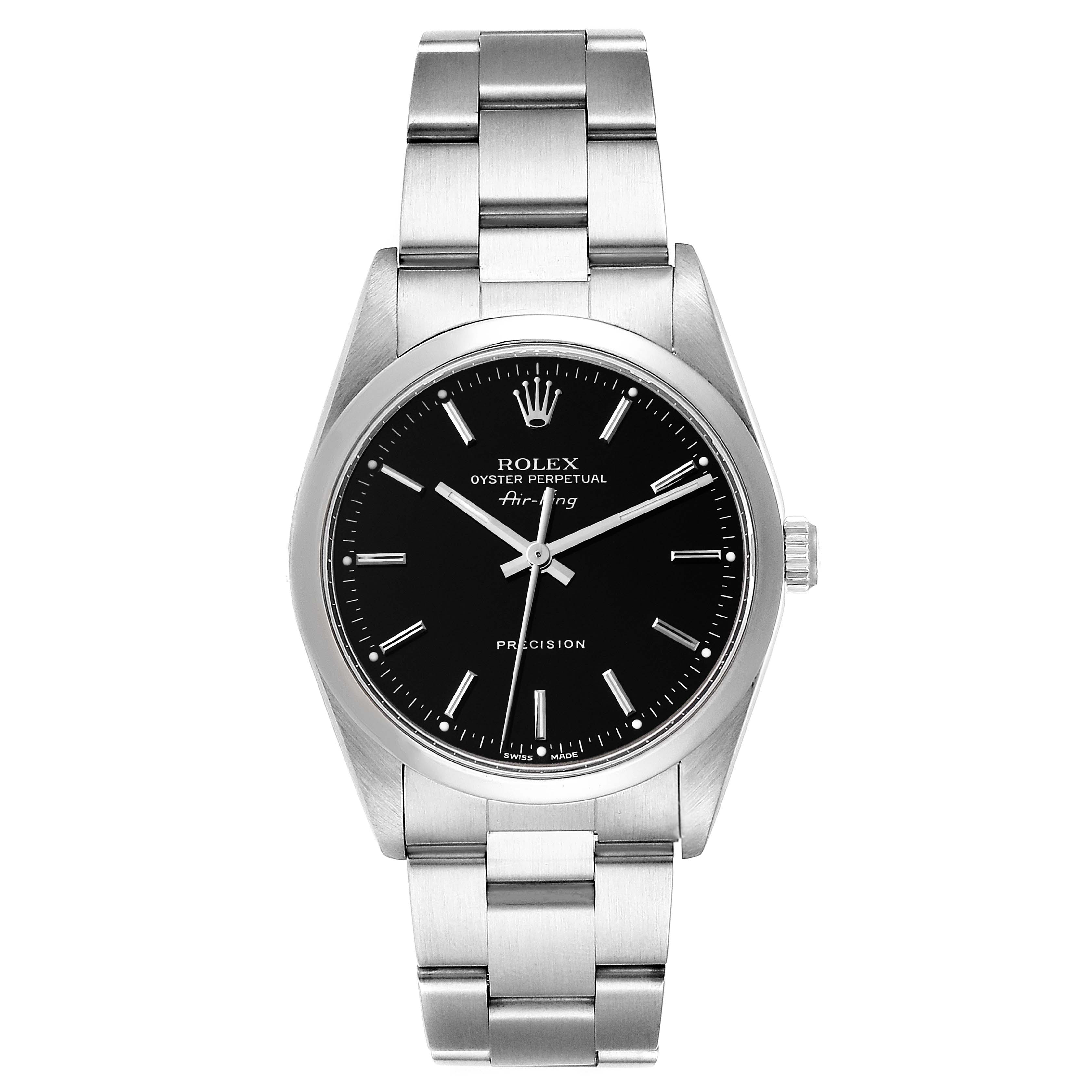 The image shows a Rolex Air-King 14000 Men's Stainless Steel Black Dial 14000 Men's Stainless Steel Black Dial watch from the front angle with a stainless steel bracelet and a black dial.