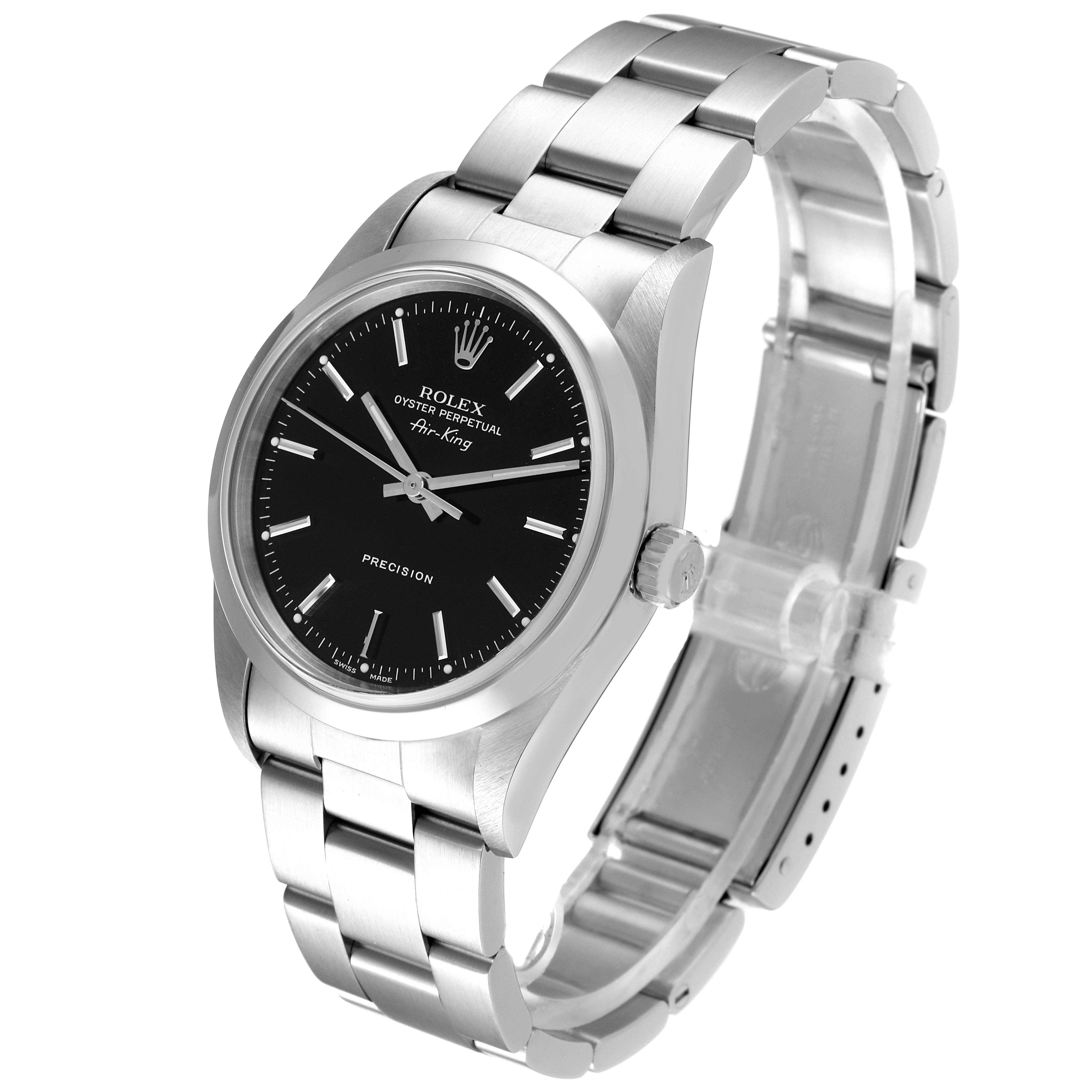 The image shows a Rolex Air-King 14000 Men's Stainless Steel Black Dial 14000 Men's Stainless Steel Black Dial watch angled to display both the face and the stainless steel bracelet.