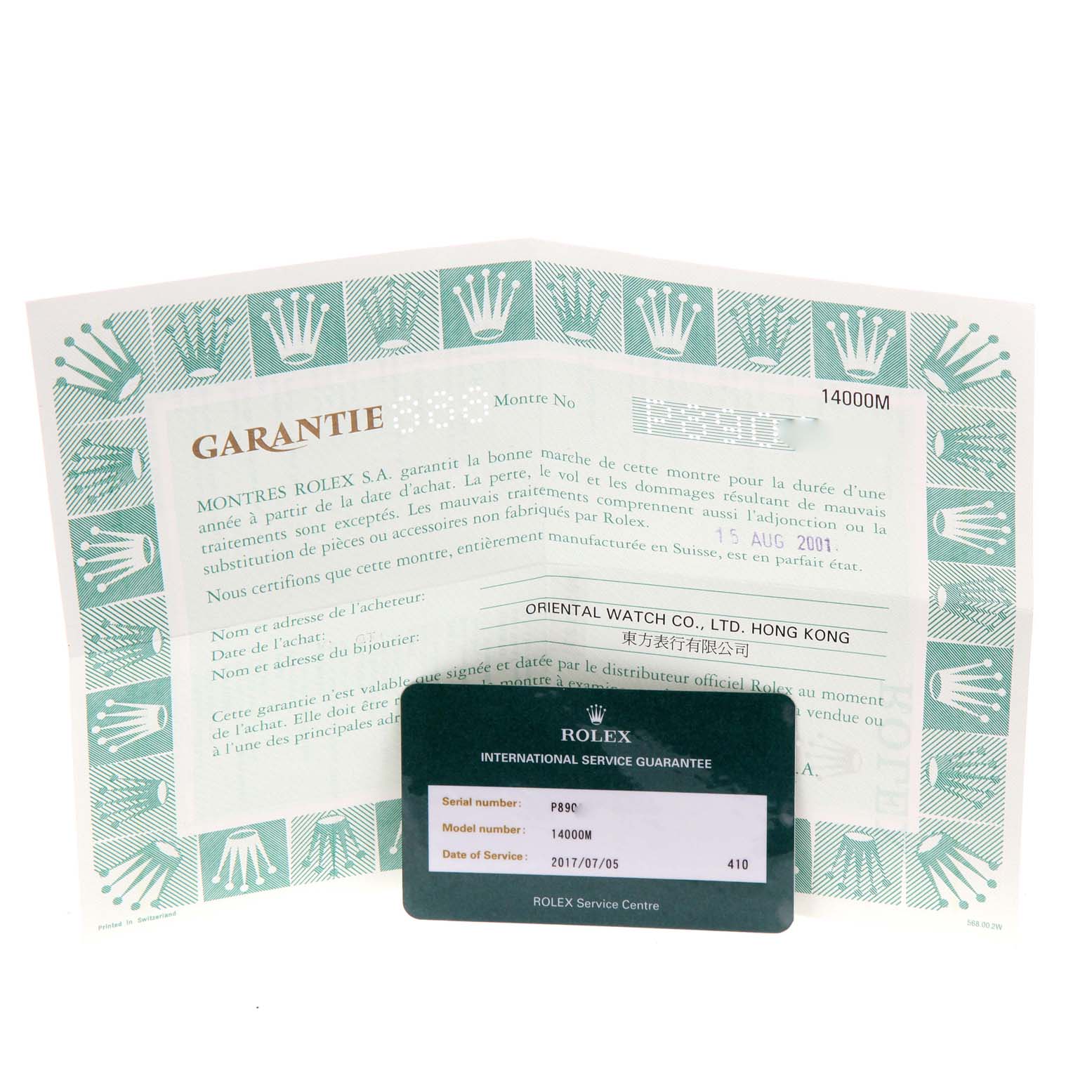 The image shows the warranty papers and service guarantee card for a Rolex Air-King 14000 Men's Stainless Steel Black Dial 14000 Men's Stainless Steel Black Dial watch model 14000M.