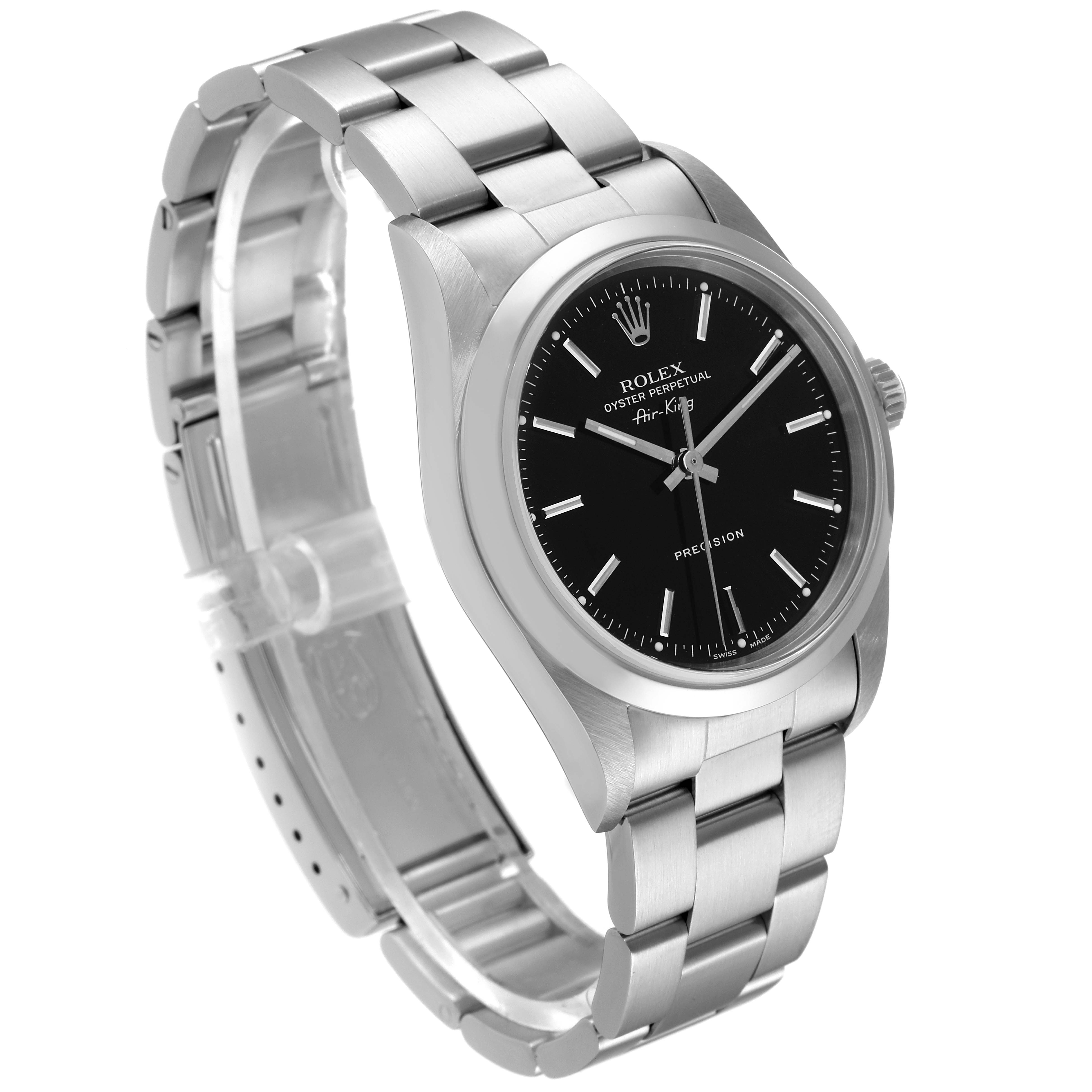 The image shows a front-left angle of the Rolex Air-King 14000 Men's Stainless Steel Black Dial 14000 Men's Stainless Steel Black Dial watch, displaying the dial, bezel, and part of the bracelet.