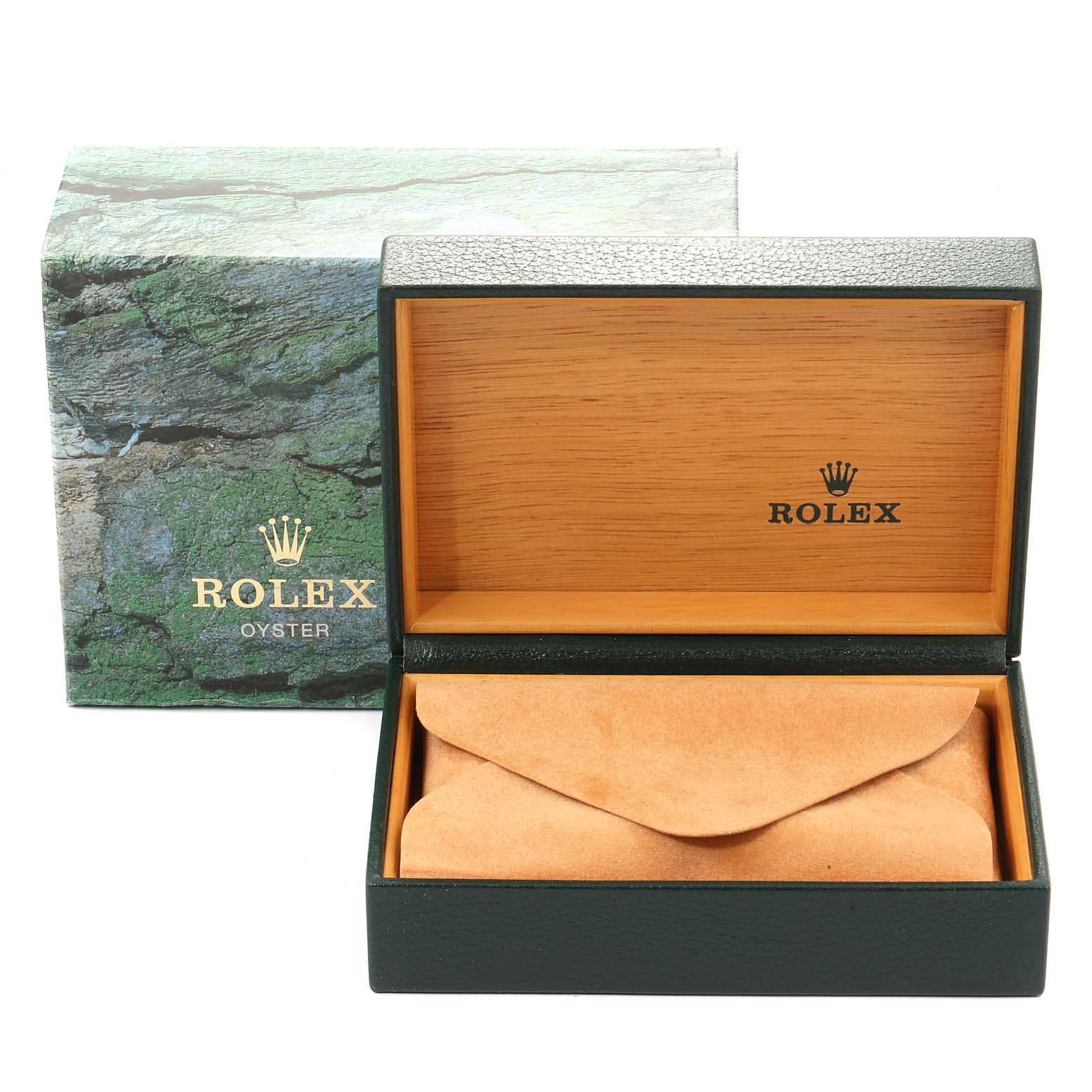 The image shows an open box with the suede pouch and outer box for the Rolex Air-King 14000 Men's Stainless Steel White Dial 14000 Men's Stainless Steel White Dial watch, viewed from the front.