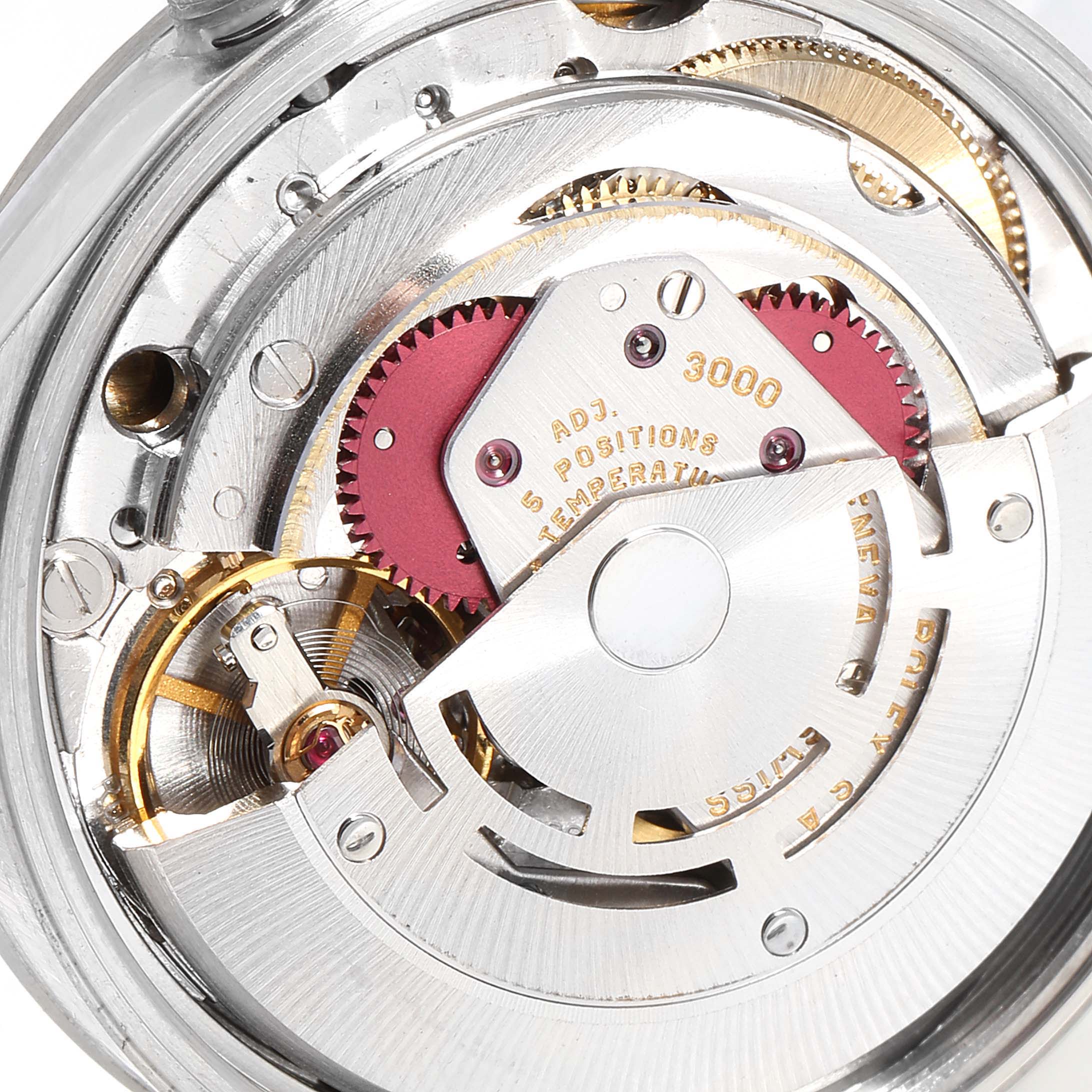 This is a close-up view of the movement mechanism of a Rolex Air-King 14000 Men's Stainless Steel White Dial 14000 Men's Stainless Steel White Dial watch.