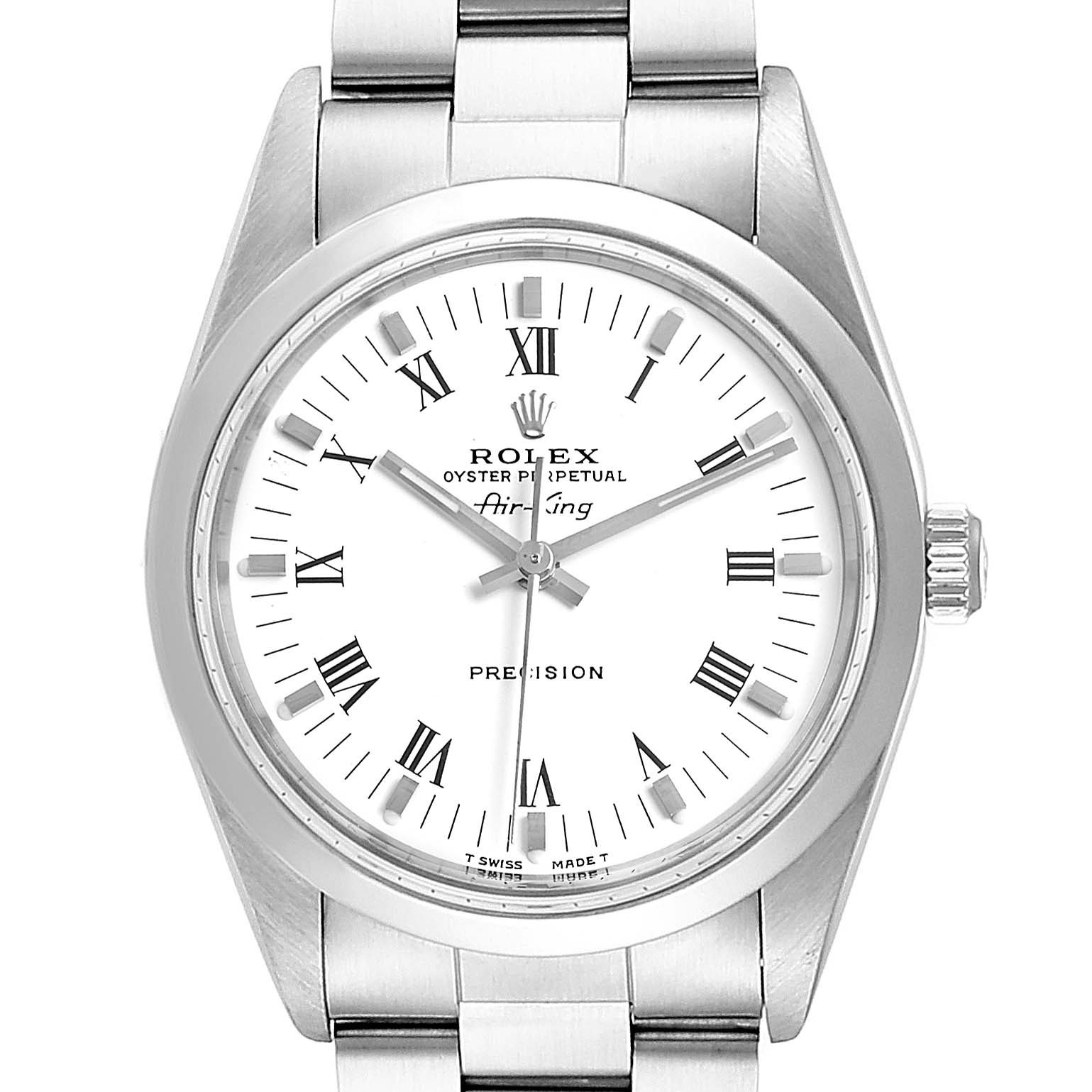 The Rolex Air-King 14000 Men's Stainless Steel White Dial 14000 Men's Stainless Steel White Dial watch is shown from a front angle, displaying its face, bezel, crown, and part of the bracelet.
