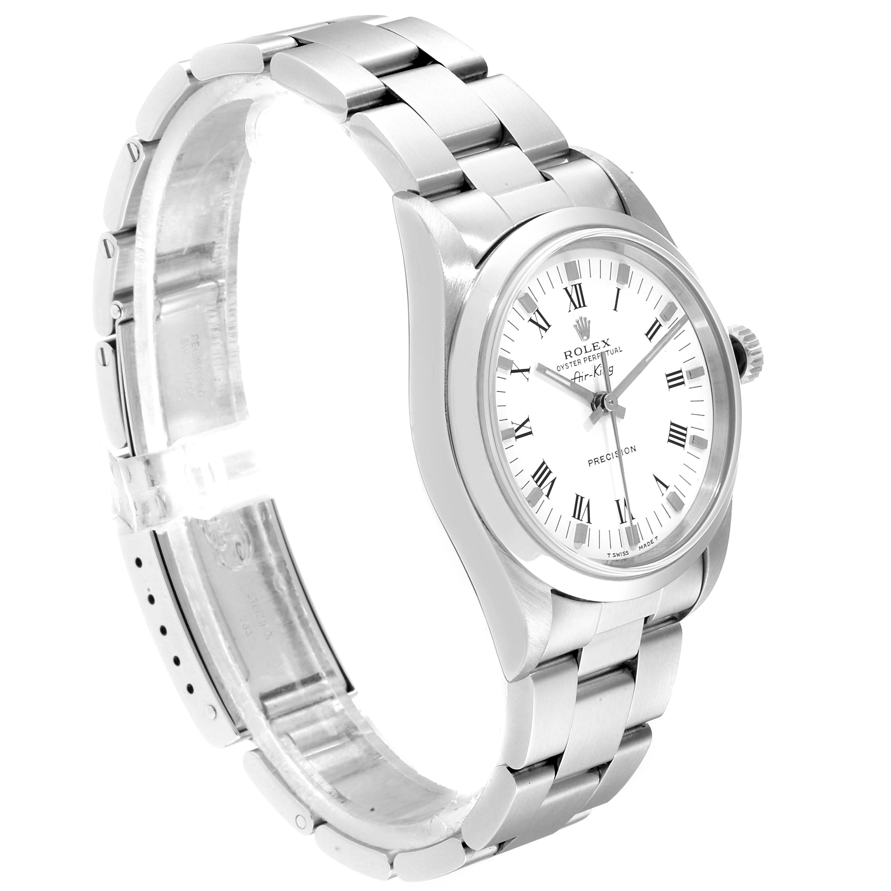 The image shows a Rolex Air-King 14000 Men's Stainless Steel White Dial 14000 Men's Stainless Steel White Dial watch at an angled side view, revealing the watch face, bezel, bracelet, lugs, and crown.