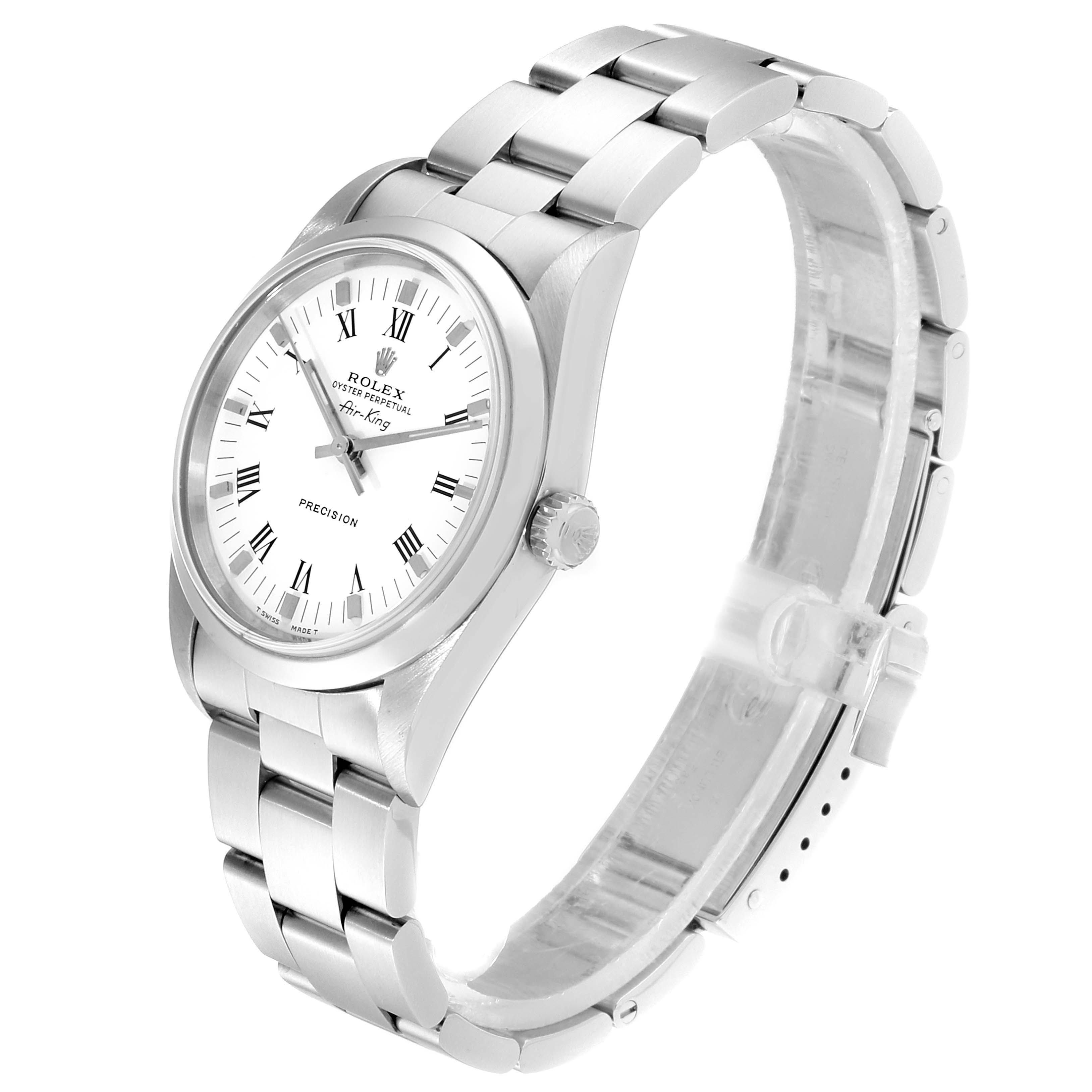 The Rolex Air-King 14000 Men's Stainless Steel White Dial 14000 Men's Stainless Steel White Dial watch is shown at a slight side angle, displaying its face, crown, and metal bracelet.