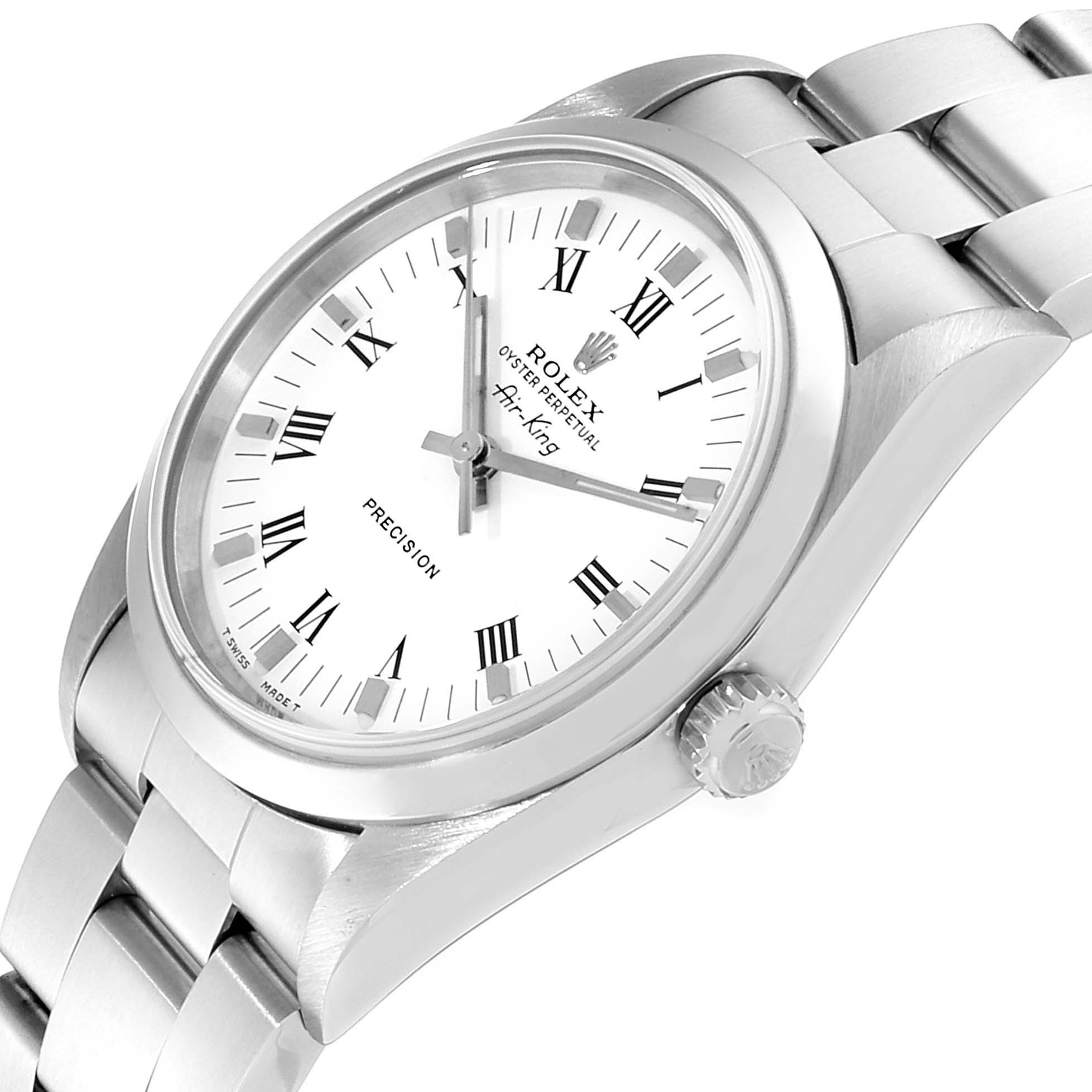 This image shows a side and partial front angle of a Rolex Air-King 14000 Men's Stainless Steel White Dial 14000 Men's Stainless Steel White Dial watch, highlighting the face, bezel, and bracelet.