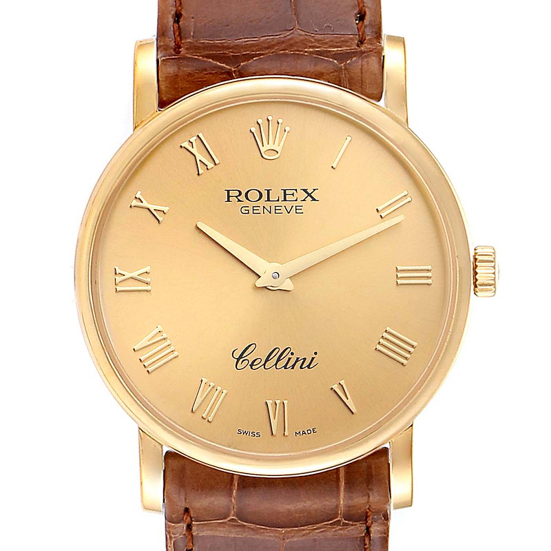 Rolex Cellini Classic 32mm Yellow Gold Brown Strap Mens Watch 5115 SwissWatchExpo