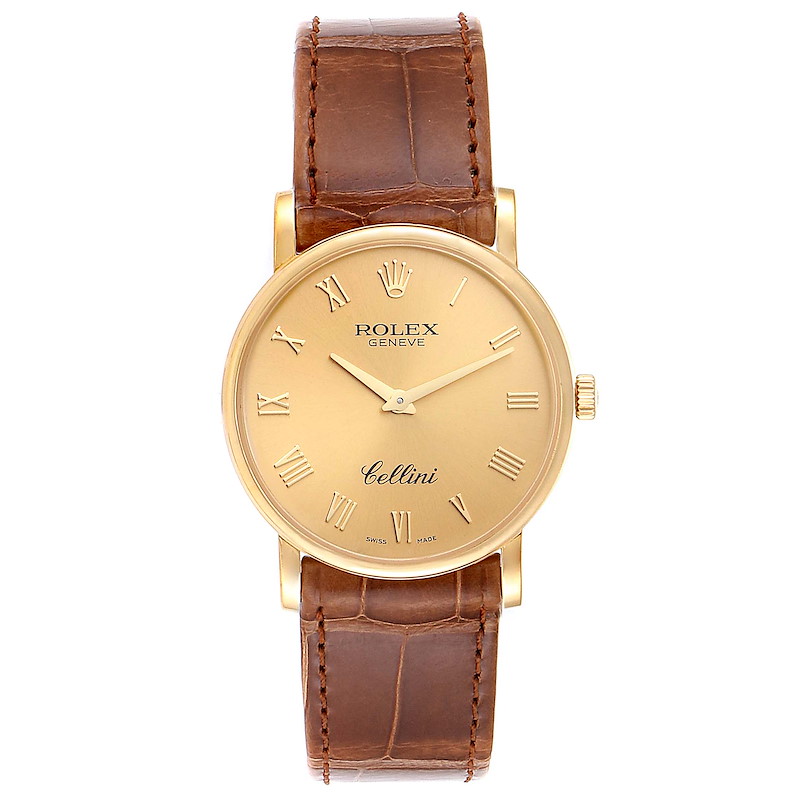 Rolex Cellini Classic 32mm Yellow Gold Brown Strap Mens Watch 5115