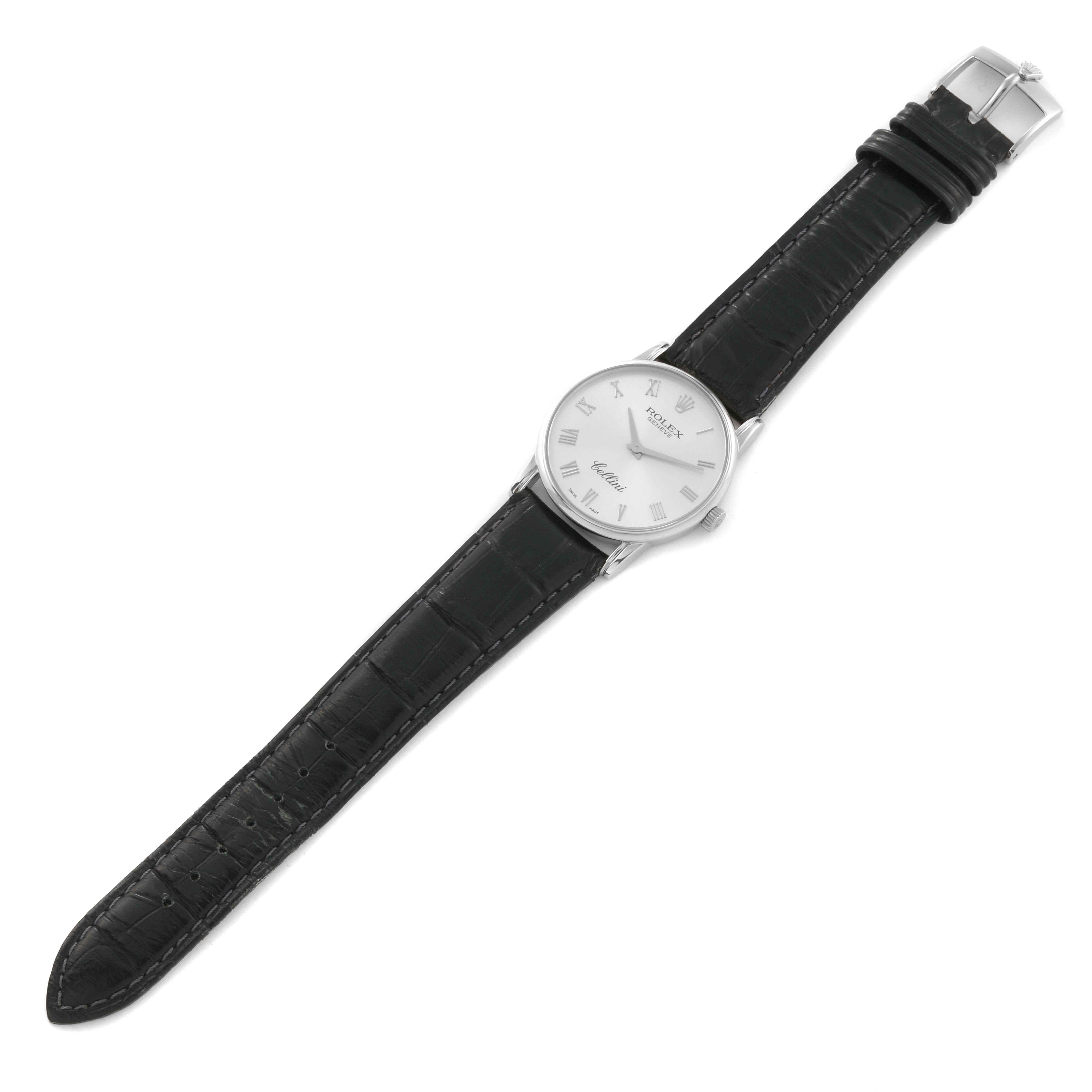 This image shows a Rolex Cellini 5116/9 Men's White Gold Silver Dial 5116/9 Men's White Gold Silver Dial watch, featuring a full view of the face, strap, and buckle from a top-down angle.