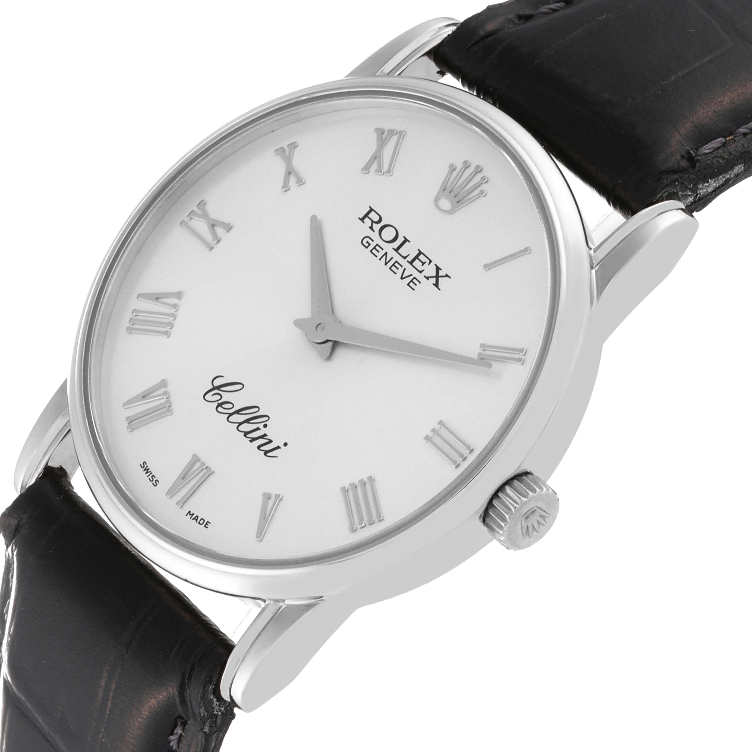 The Rolex Cellini 5116/9 Men's White Gold Silver Dial 5116/9 Men's White Gold Silver Dial watch is shown from an angled side view, displaying the dial, crown, and part of the leather strap.