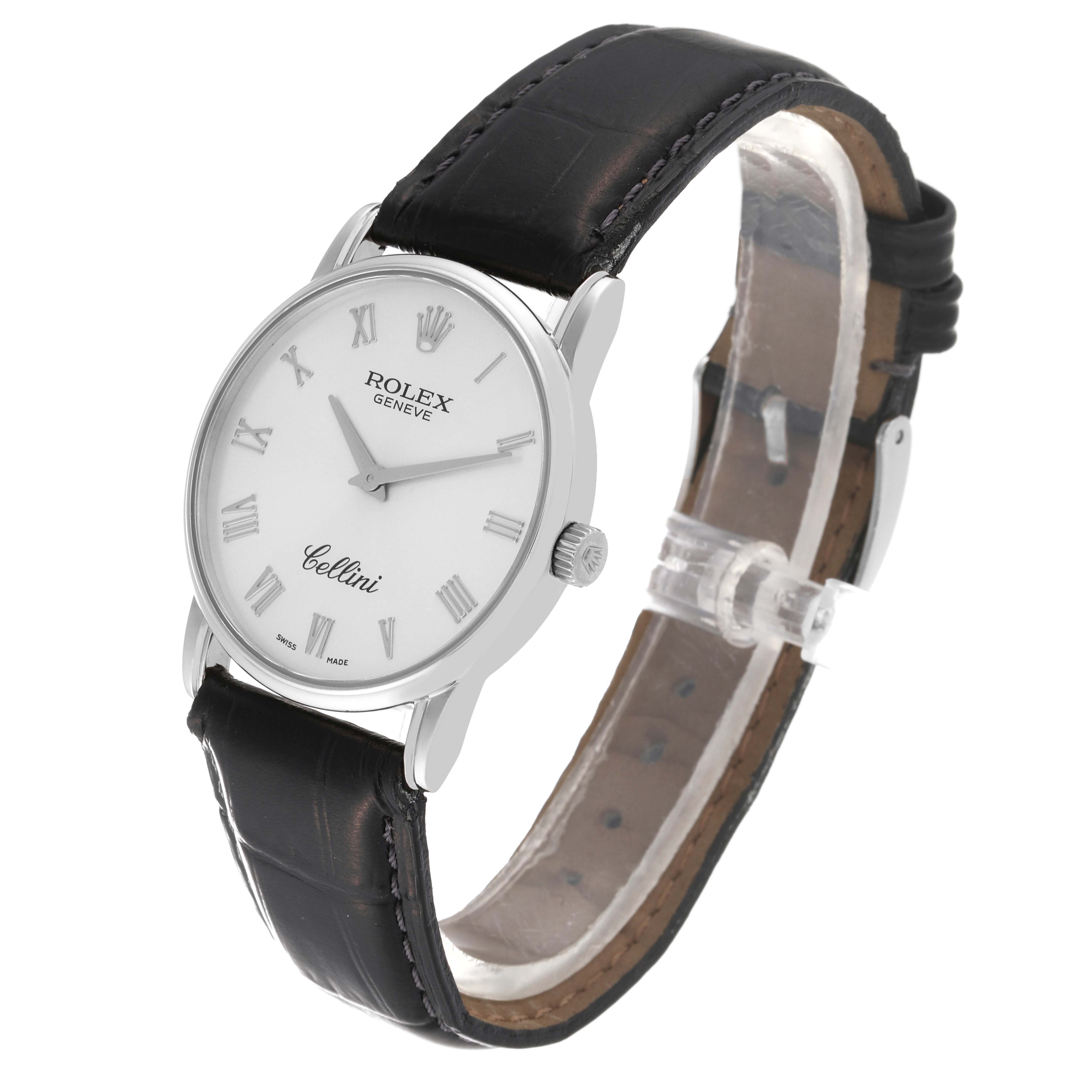 The image shows a Rolex Cellini 5116/9 Men's White Gold Silver Dial 5116/9 Men's White Gold Silver Dial watch at a three-quarter angle, displaying the dial, case, crown, and leather strap.