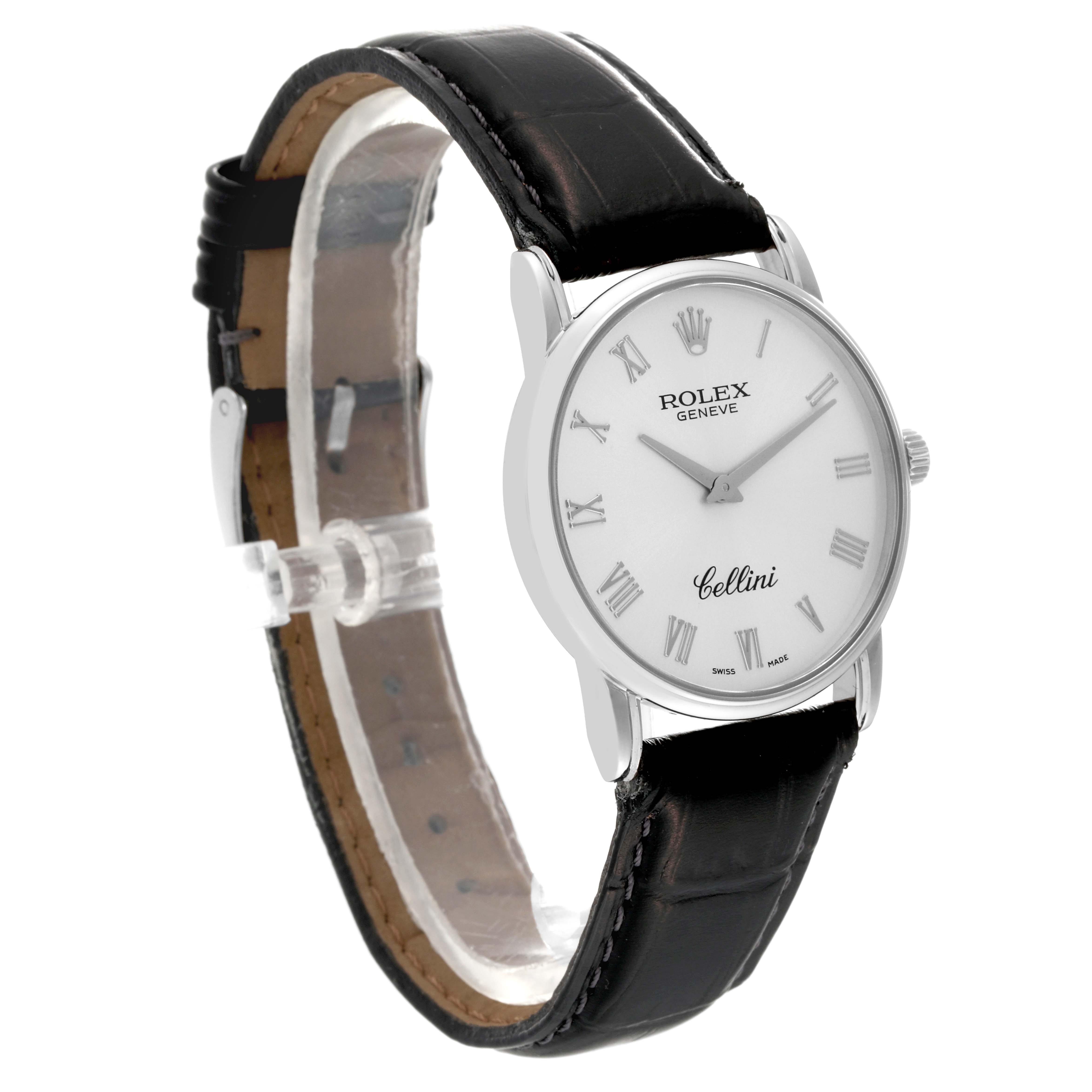 The image shows the front angle of a Rolex Cellini 5116/9 Men's White Gold Silver Dial 5116/9 Men's White Gold Silver Dial watch with a white dial and black leather strap.