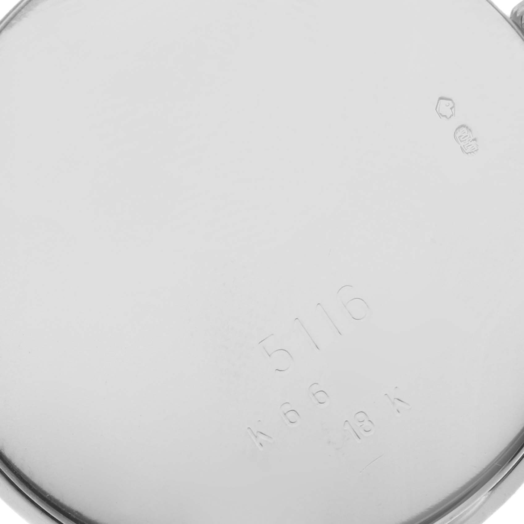 This image shows the back casing of a Rolex Cellini 5116/9 Men's White Gold Silver Dial 5116/9 Men's White Gold Silver Dial watch, displaying the model number and gold purity stamps.