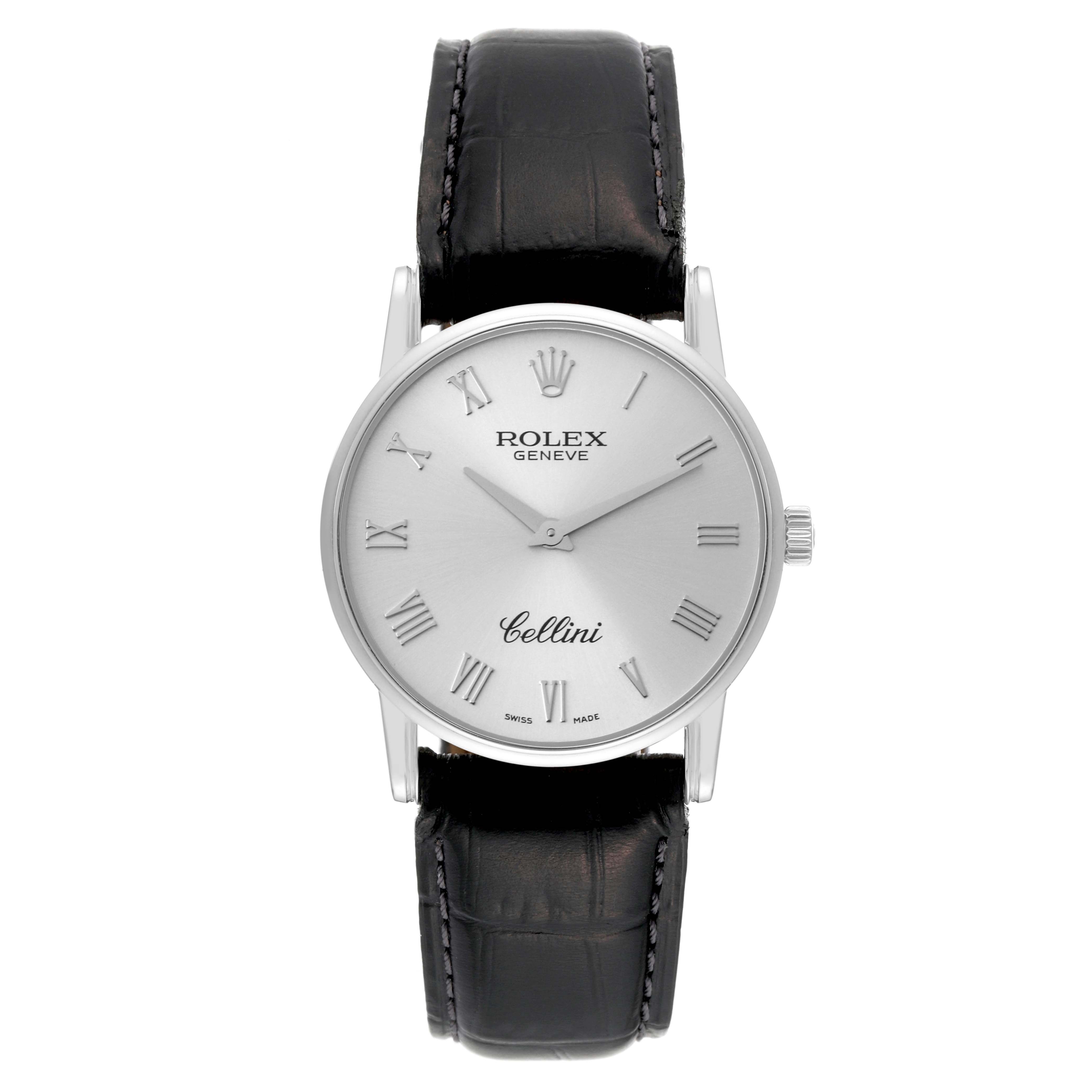 The image shows a Rolex Cellini 5116/9 Men's White Gold Silver Dial 5116/9 Men's White Gold Silver Dial watch from a front angle, displaying its face, hands, Roman numerals, and leather strap.