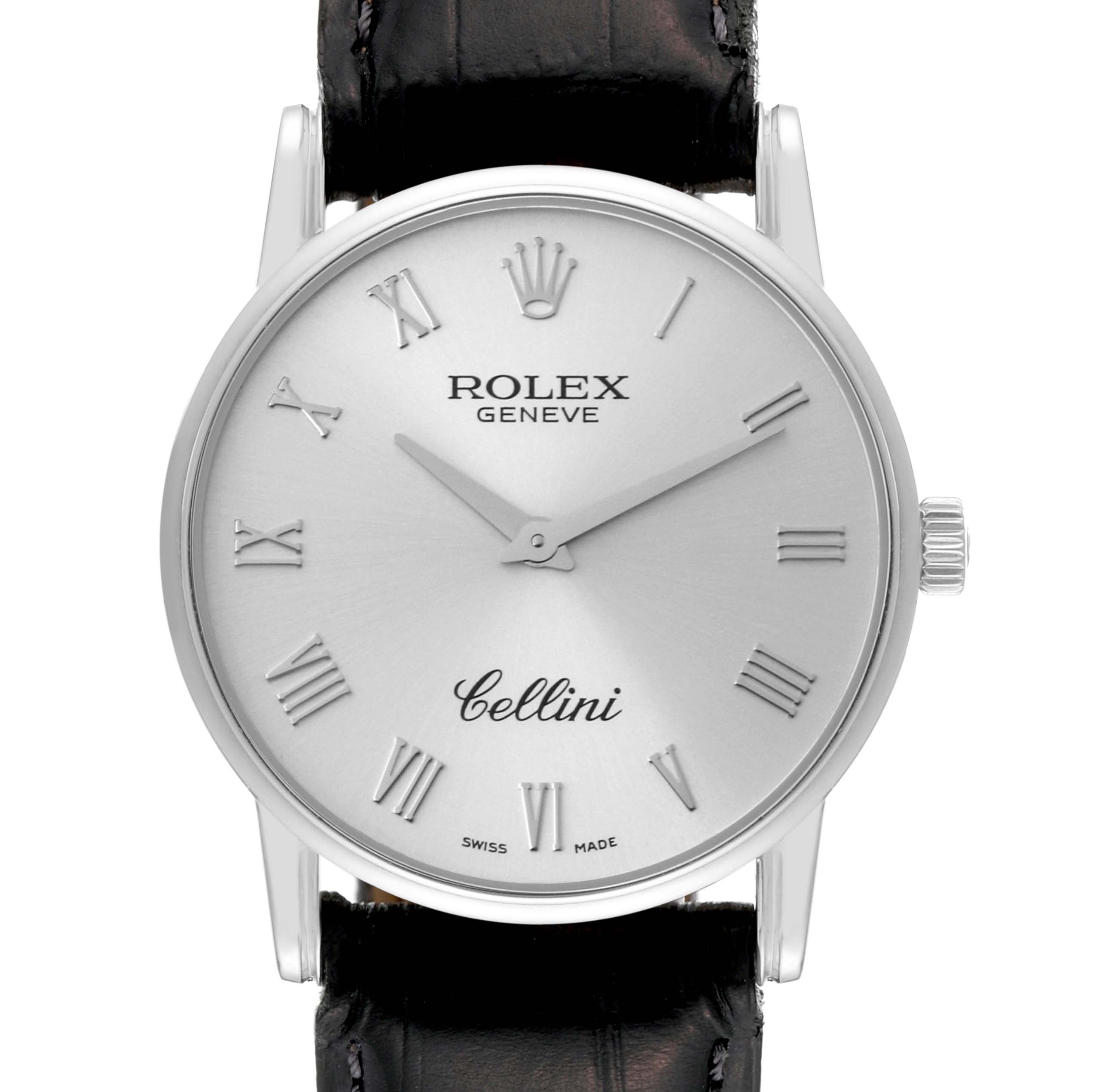 The image shows a front view of the Rolex Cellini 5116/9 Men's White Gold Silver Dial 5116/9 Men's White Gold Silver Dial watch, highlighting the dial, hands, crown, and leather strap.