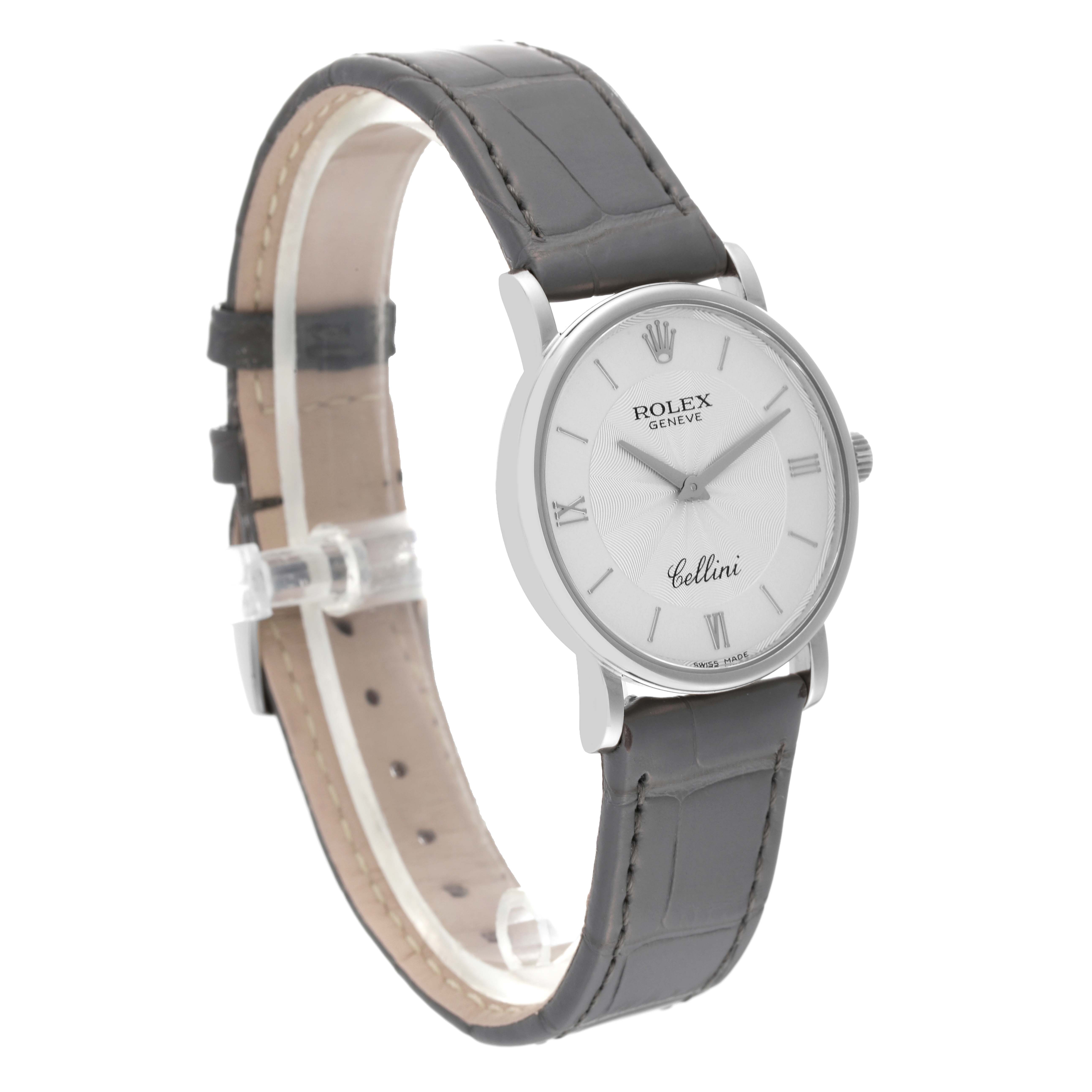 The image shows a front-side angle of a Rolex Cellini 5115/9 Men's White Gold Silver Dial 5115/9 Men's White Gold Silver Dial watch, highlighting its silver dial, Roman numeral markers, and leather strap.