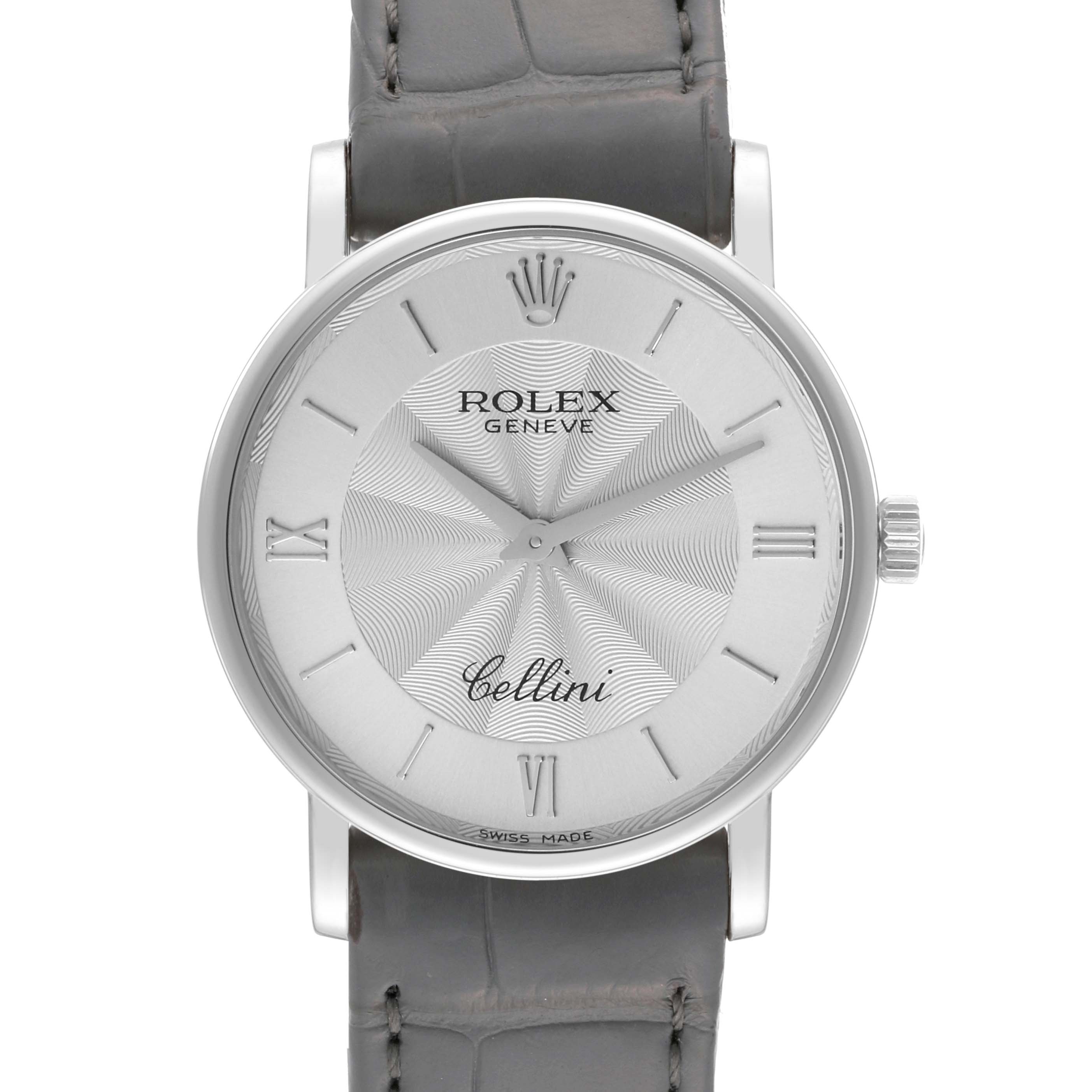 This is a front view showing the face and strap of the Rolex Cellini 5115/9 Men's White Gold Silver Dial 5115/9 Men's White Gold Silver Dial watch.
