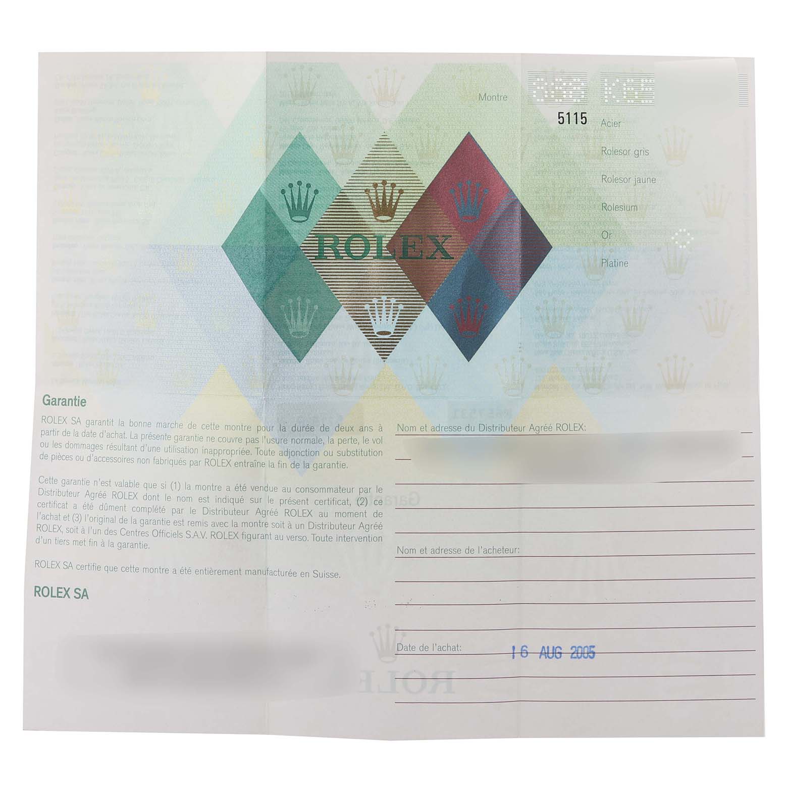 This image shows a warranty certificate for a Rolex Cellini 5115/9 Men's White Gold Silver Dial 5115/9 Men's White Gold Silver Dial watch, detailing purchase date and distributor information.