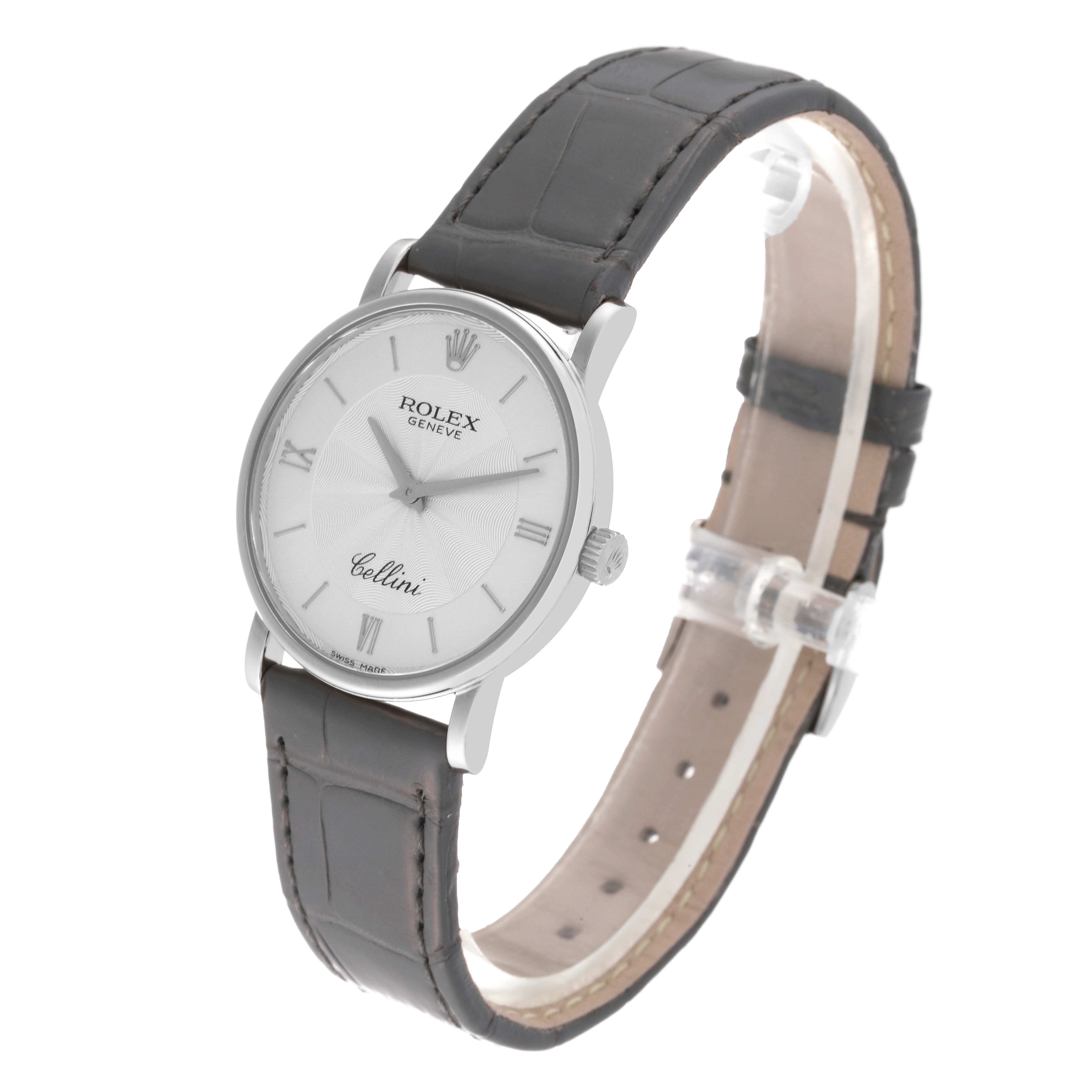 This image shows a Rolex Cellini 5115/9 Men's White Gold Silver Dial 5115/9 Men's White Gold Silver Dial watch at a slight angle, highlighting the face, strap, and crown.