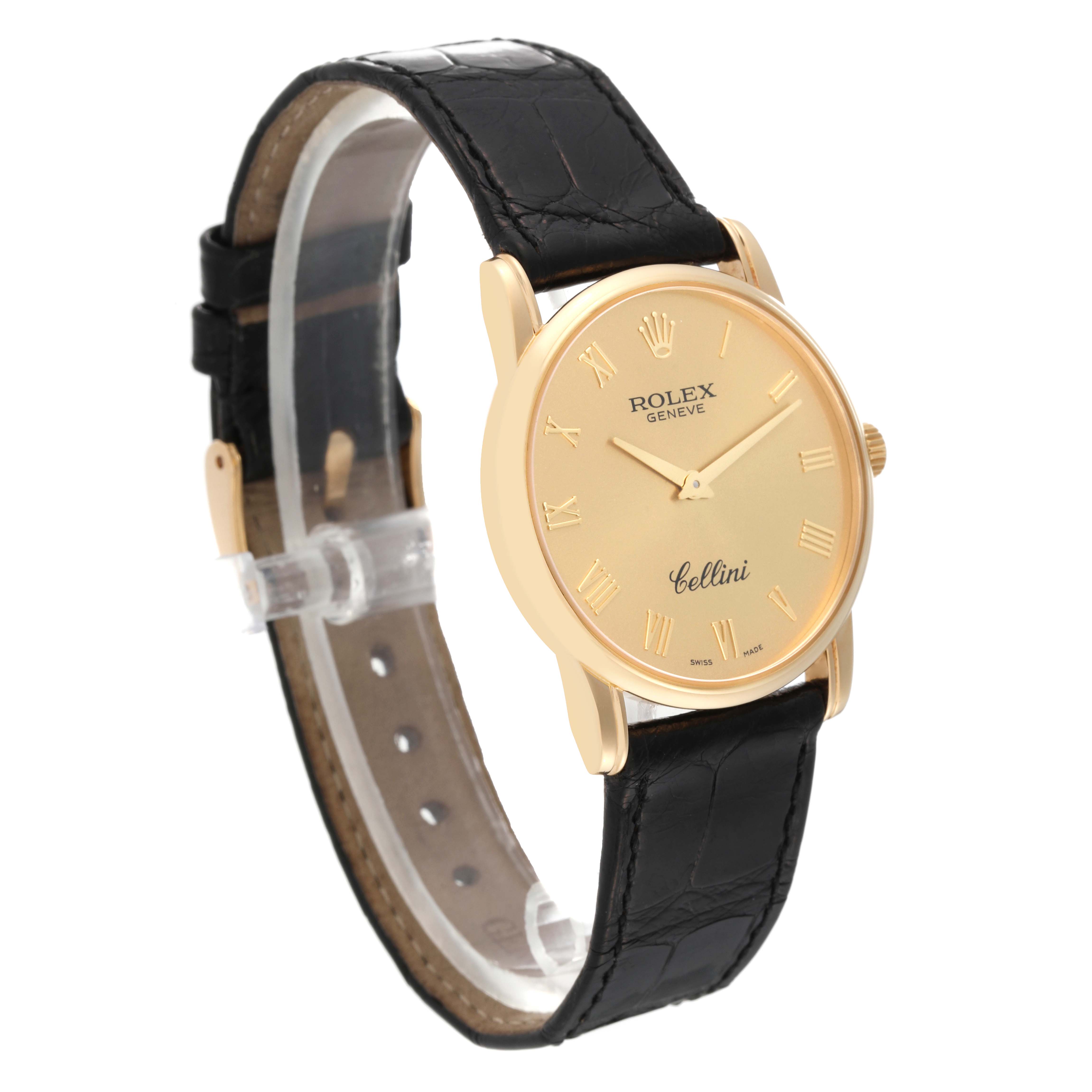 The image shows a side view of the Rolex Cellini 5116 Men's Yellow Gold Champagne Dial 5116 Men's Yellow Gold Champagne Dial watch, highlighting its gold case, black leather strap, and dial with Roman numerals.