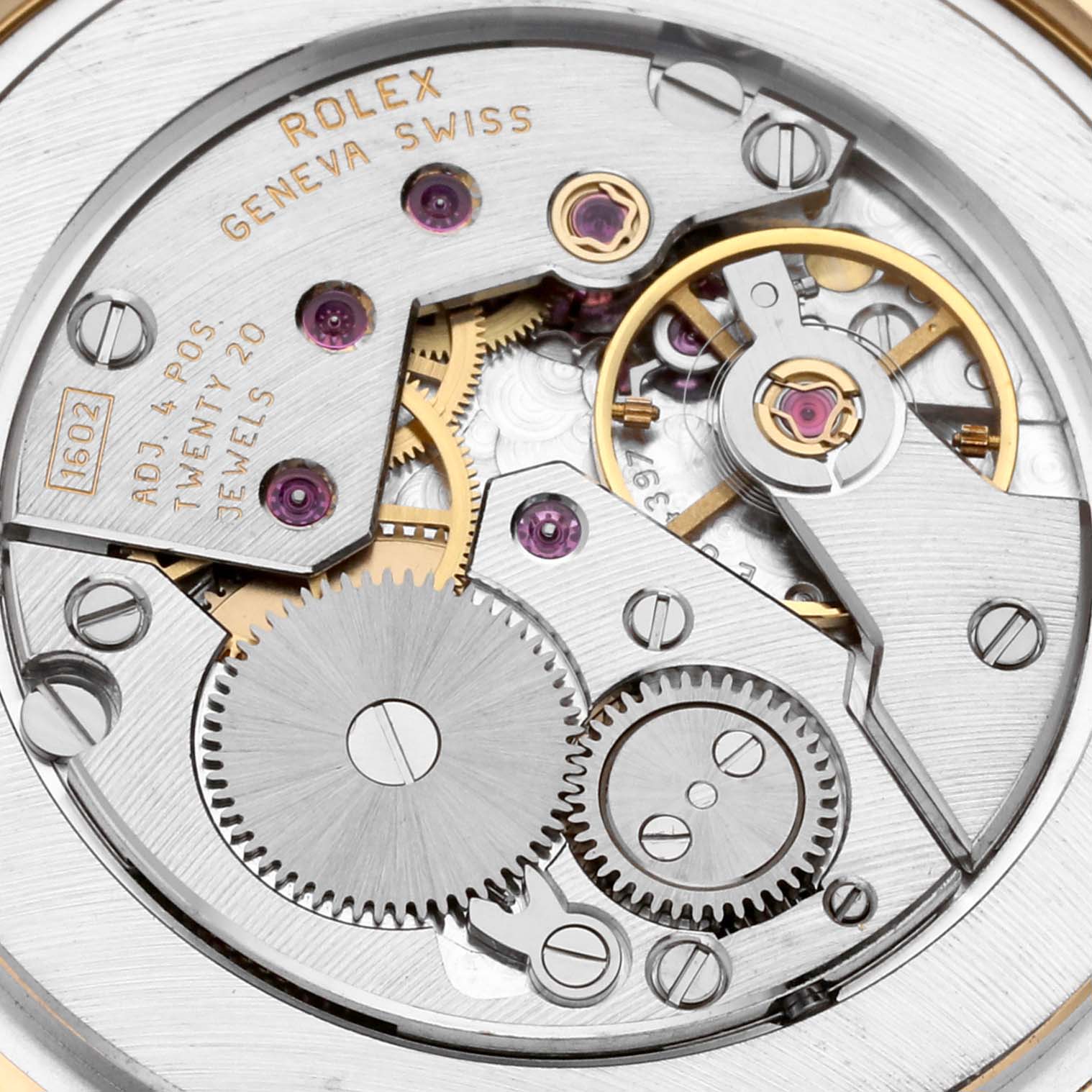 This image shows a close-up of the internal movement mechanism of a Rolex Cellini 5116 Men's Yellow Gold Champagne Dial 5116 Men's Yellow Gold Champagne Dial watch.