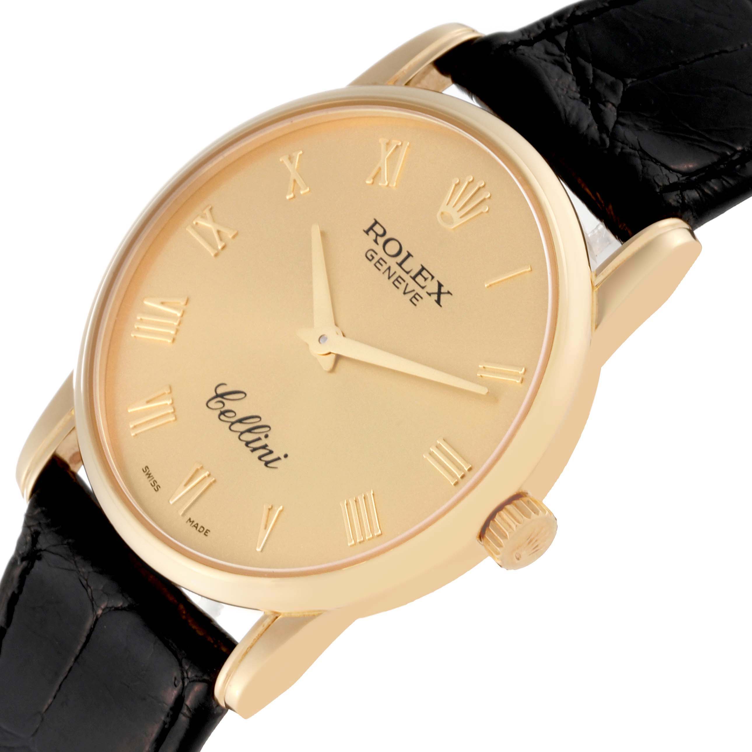 This image shows the Rolex Cellini 5116 Men's Yellow Gold Champagne Dial 5116 Men's Yellow Gold Champagne Dial watch at an angled view, highlighting the face, crown, and part of the strap.