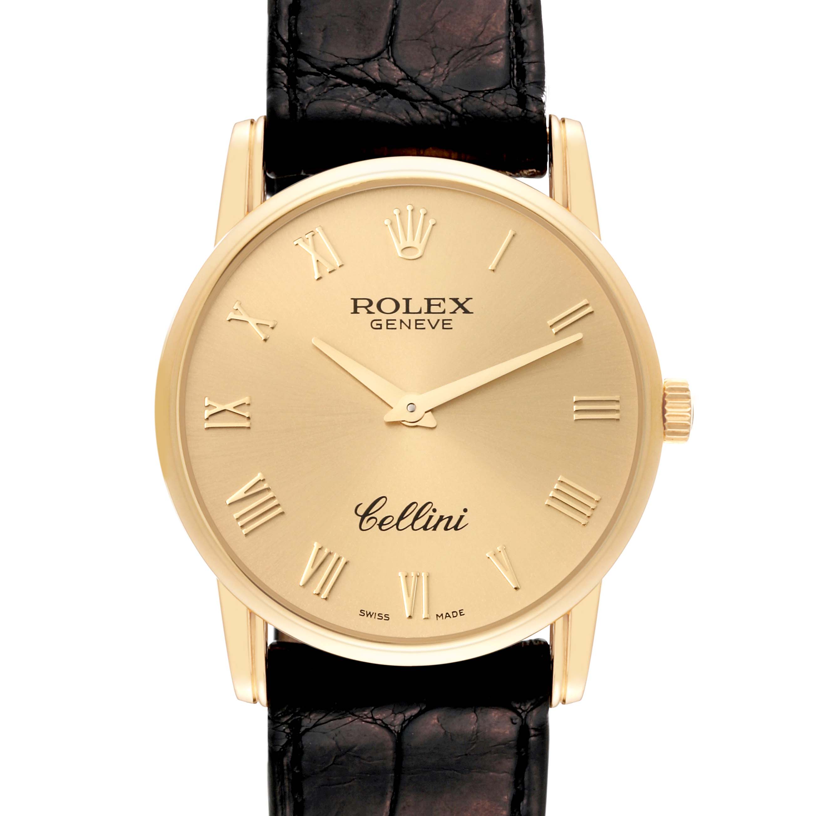 The Rolex Cellini 5116 Men's Yellow Gold Champagne Dial 5116 Men's Yellow Gold Champagne Dial watch is shown from a front angle, displaying its gold dial, Roman numeral markers, and leather strap.