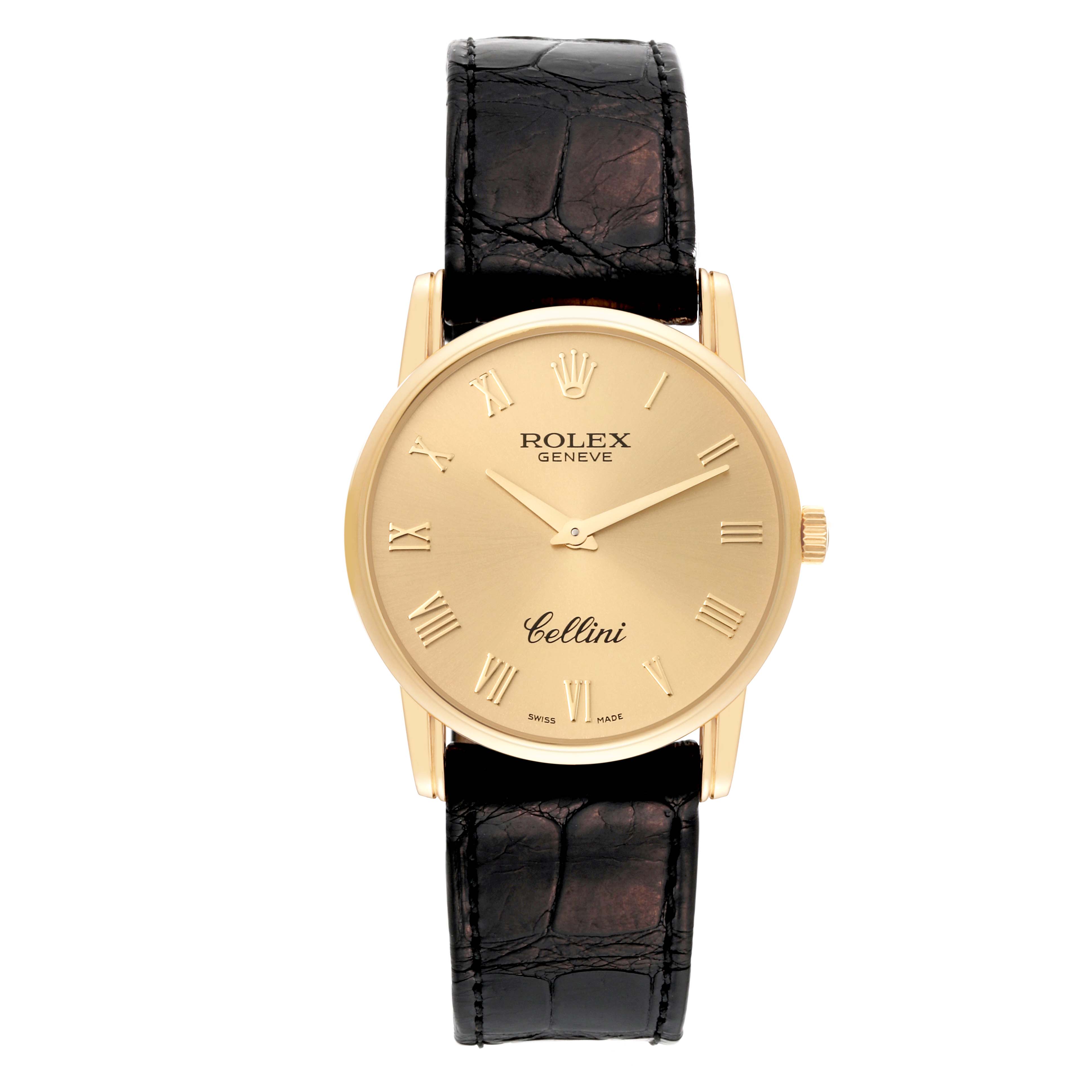 This image shows a front view of the Rolex Cellini 5116 Men's Yellow Gold Champagne Dial 5116 Men's Yellow Gold Champagne Dial watch, displaying its gold-tone case, Roman numeral markers, and black leather strap.