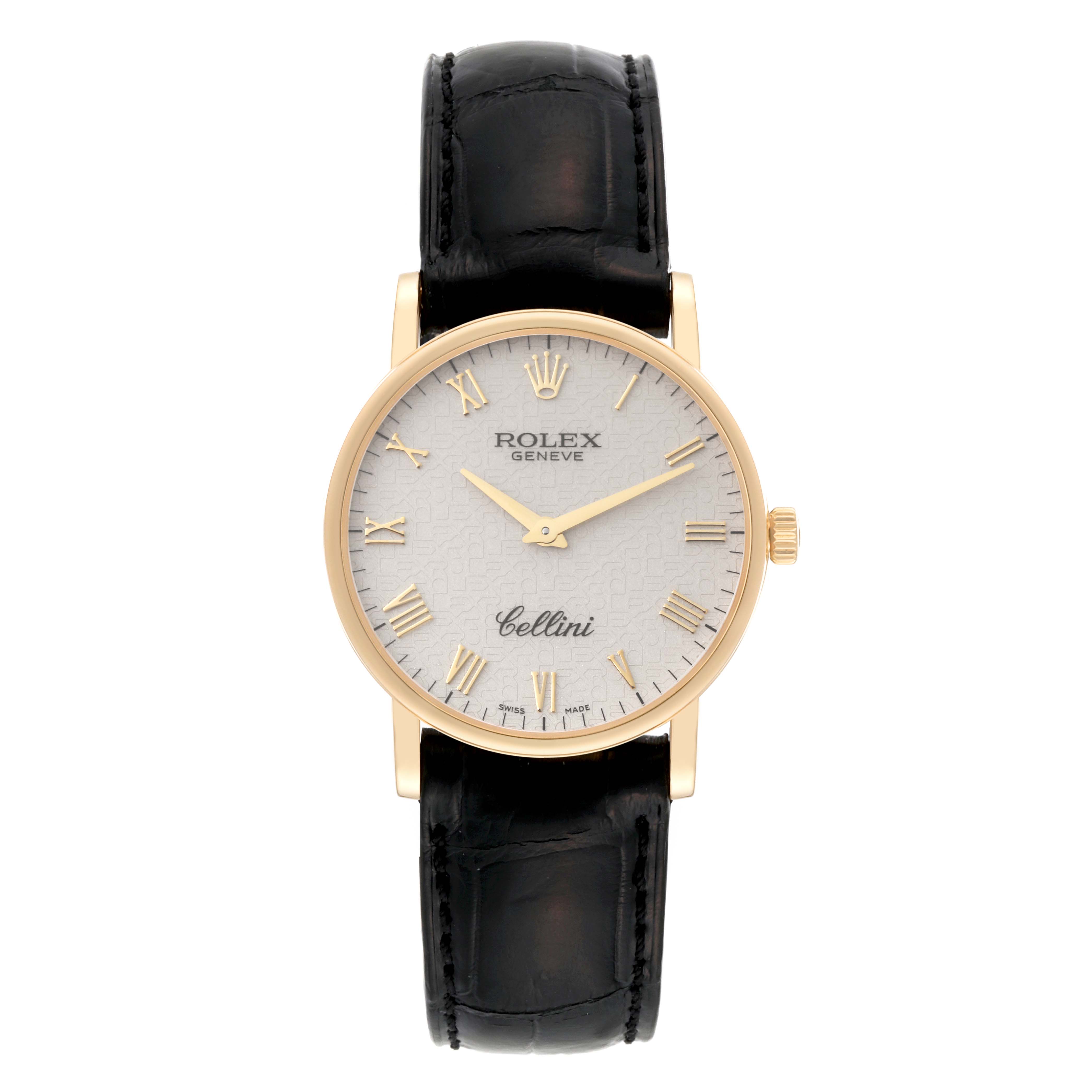 This Rolex Cellini 5115/8 Men's Yellow Gold White Dial 5115/8 Men's Yellow Gold White Dial watch is shown from a front angle, featuring its face, dial, hands, crown, and black leather strap.