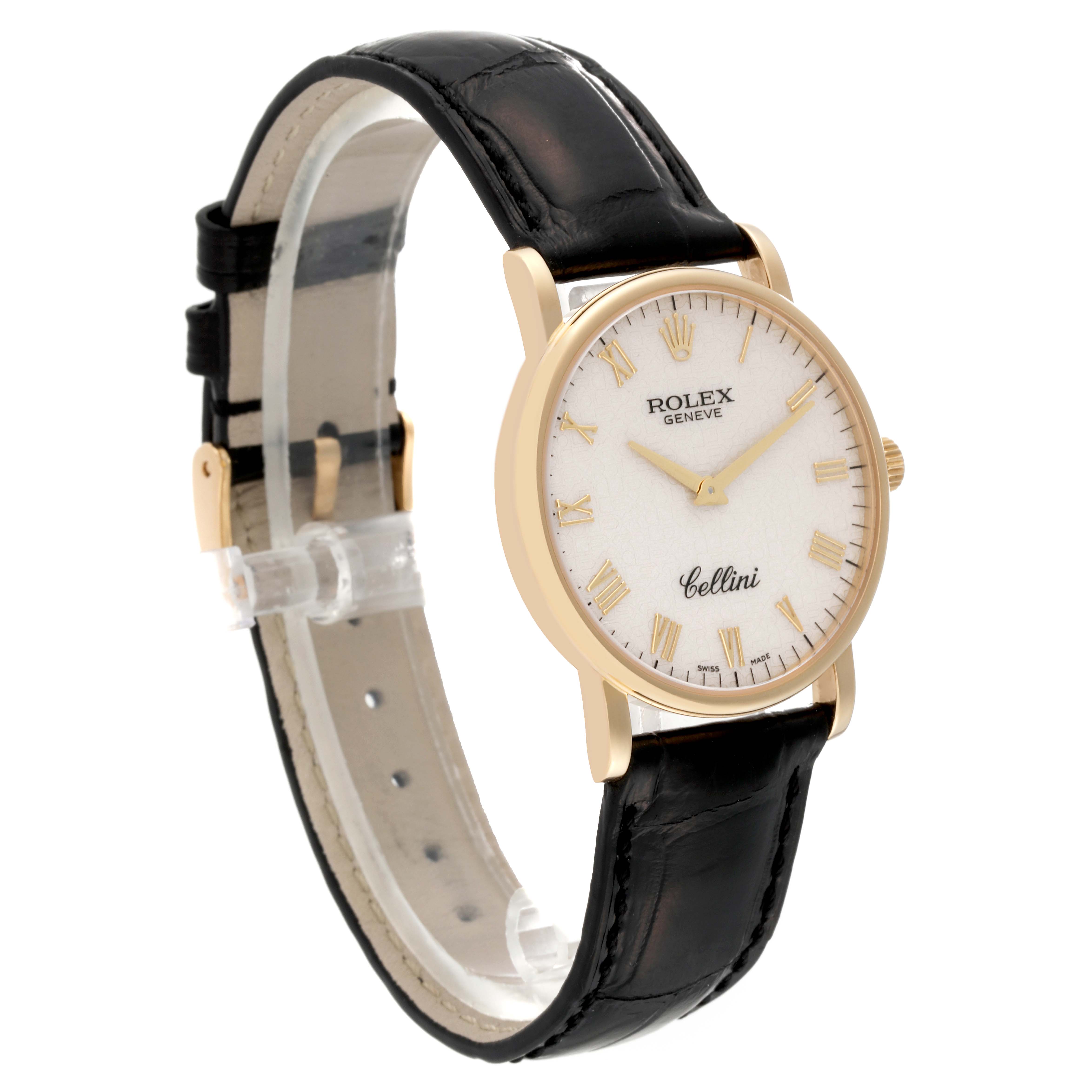 The Rolex Cellini 5115/8 Men's Yellow Gold White Dial 5115/8 Men's Yellow Gold White Dial watch is shown at an angled side view, highlighting its face, dial, and black leather strap.