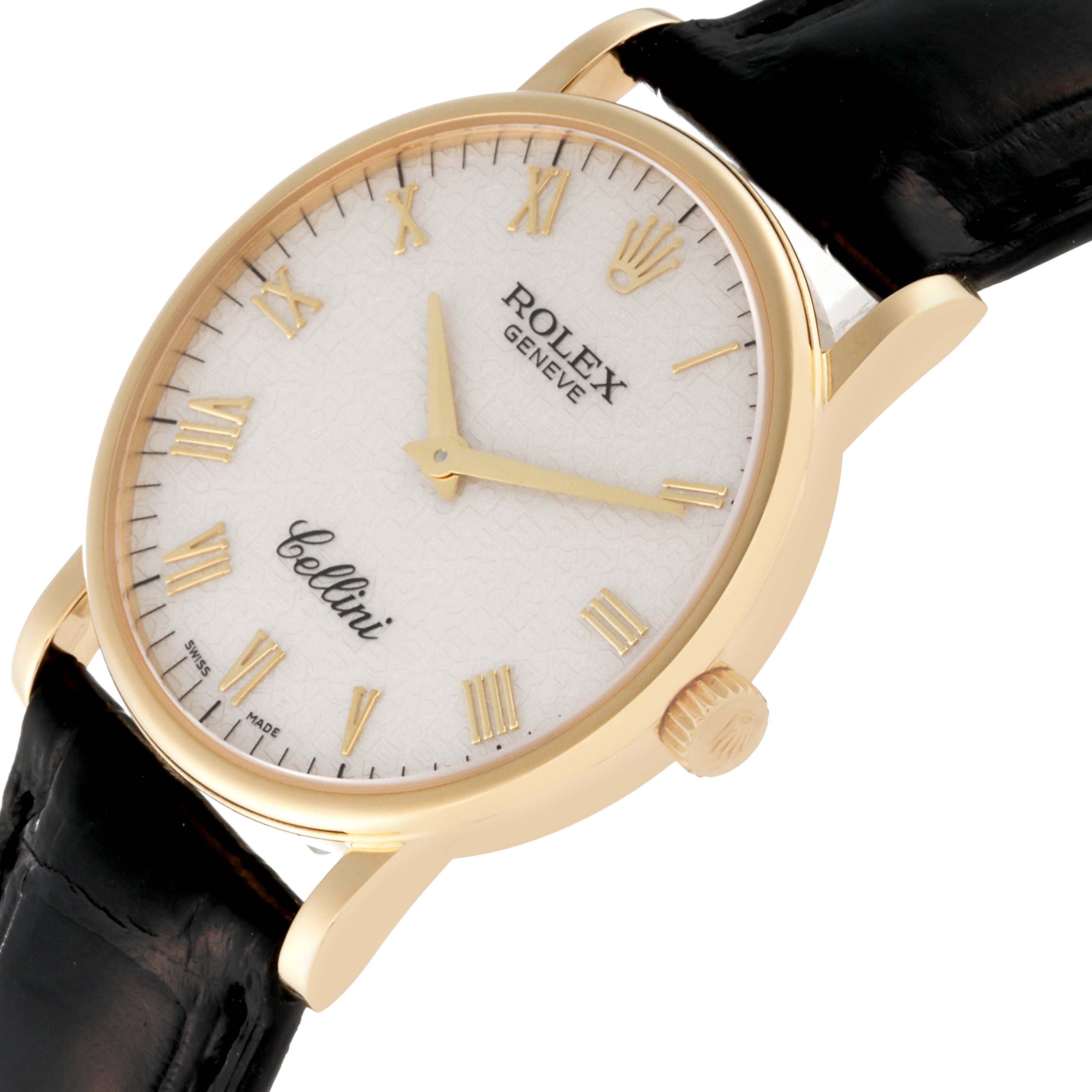This image shows the face and partial side view of a Rolex Cellini 5115/8 Men's Yellow Gold White Dial 5115/8 Men's Yellow Gold White Dial model with a white dial, gold Roman numerals, and a black leather strap.