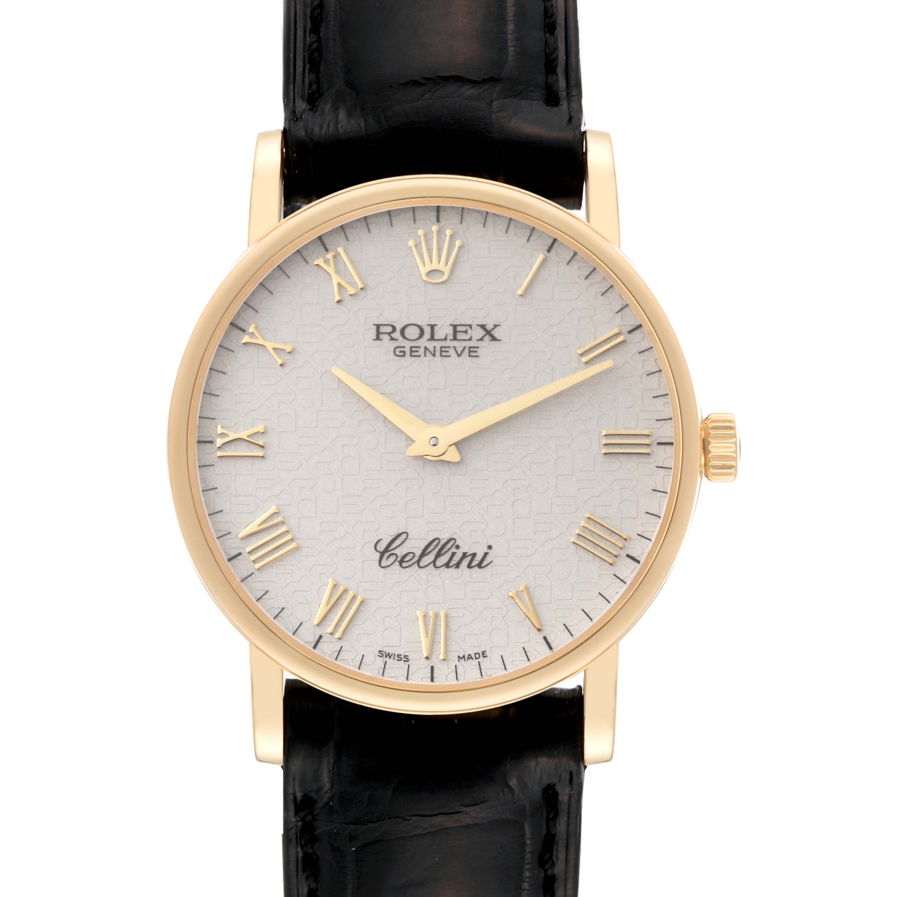 The Rolex Cellini 5115/8 Men's Yellow Gold White Dial 5115/8 Men's Yellow Gold White Dial watch is shown from the front, displaying its face, gold case, and black leather strap.