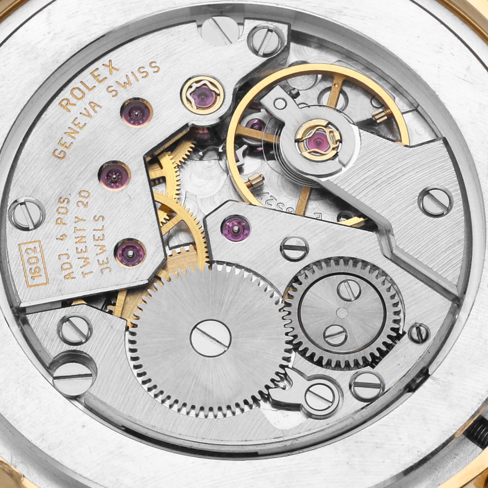 The image shows the internal mechanical movement of the Rolex Cellini 5115/8 Men's Yellow Gold White Dial 5115/8 Men's Yellow Gold White Dial watch viewed from the case back.