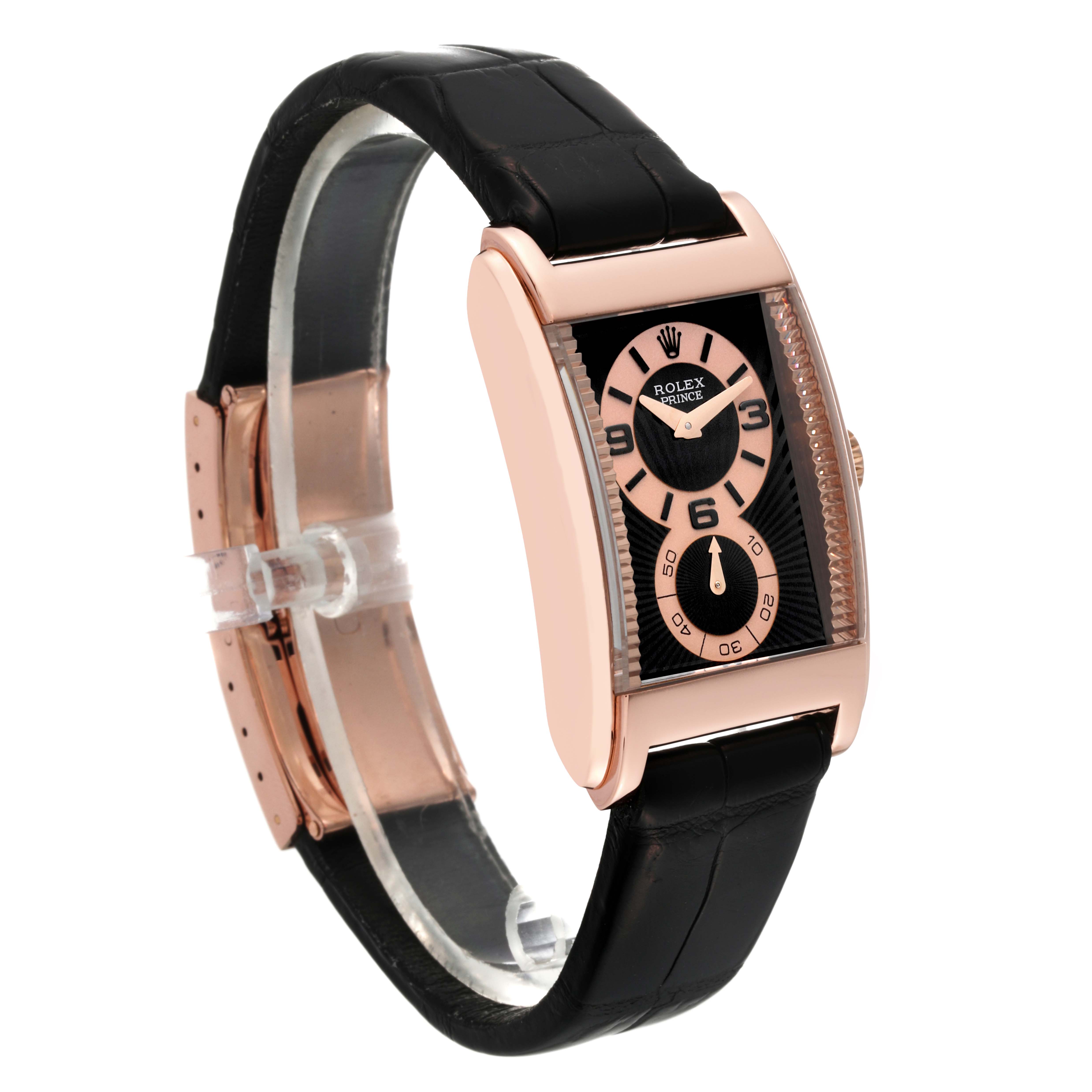 This image shows a side view of a Rolex Cellini 5442/5 Men's Rose Gold Black Dial 5442/5 Men's Rose Gold Black Dial watch with a black leather strap and a rose gold case.