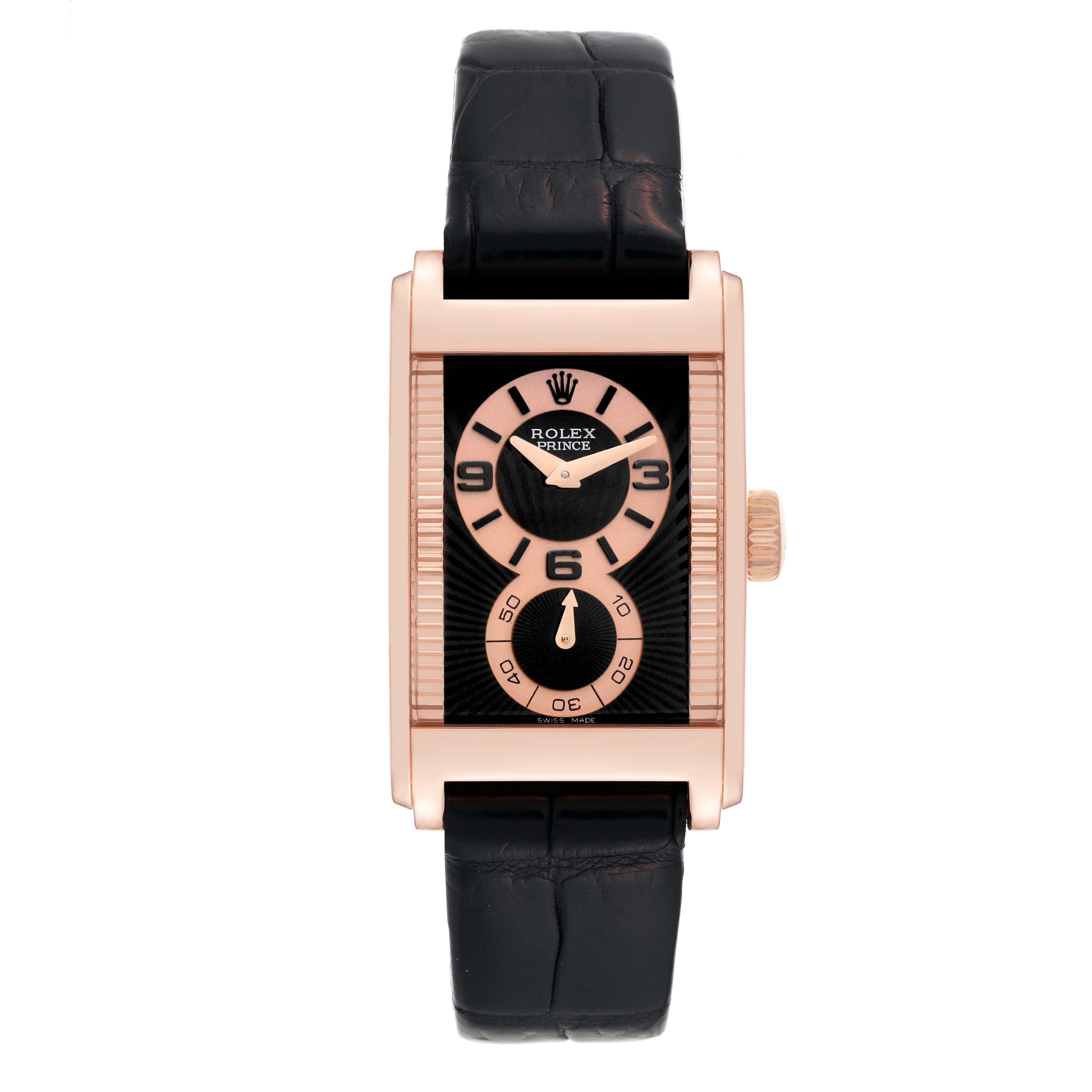 This image shows a front view of the Rolex Cellini 5442/5 Men's Rose Gold Black Dial 5442/5 Men's Rose Gold Black Dial Prince watch, highlighting its rectangular case, dial, and black leather strap.