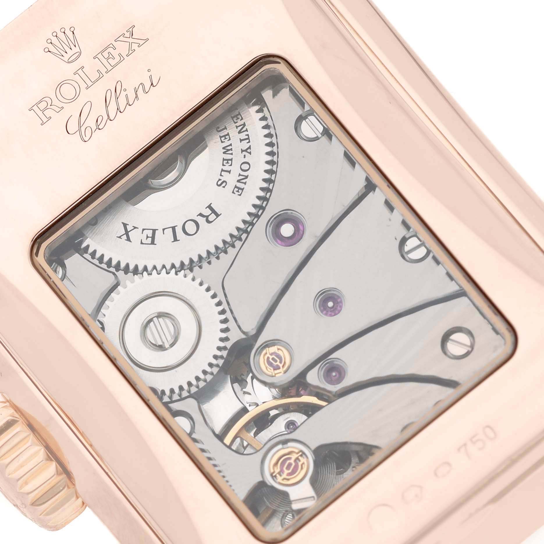 This is an image showing the internal mechanical movement of a Rolex Cellini 5442/5 Men's Rose Gold Black Dial 5442/5 Men's Rose Gold Black Dial watch through its transparent case back.