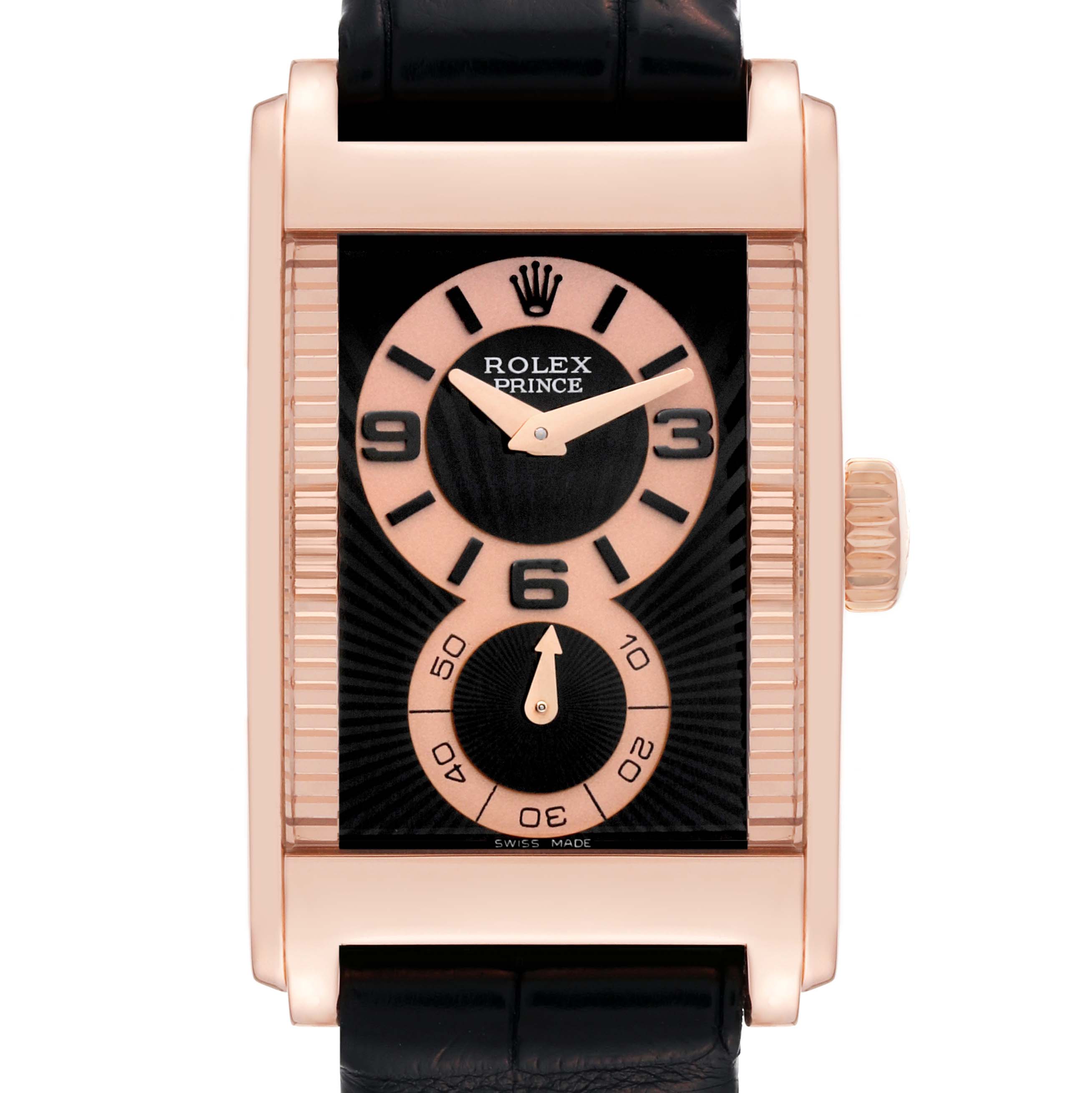 The image shows a front view of the Rolex Cellini 5442/5 Men's Rose Gold Black Dial 5442/5 Men's Rose Gold Black Dial Prince watch, displaying its rectangular case, black dial, and crown.