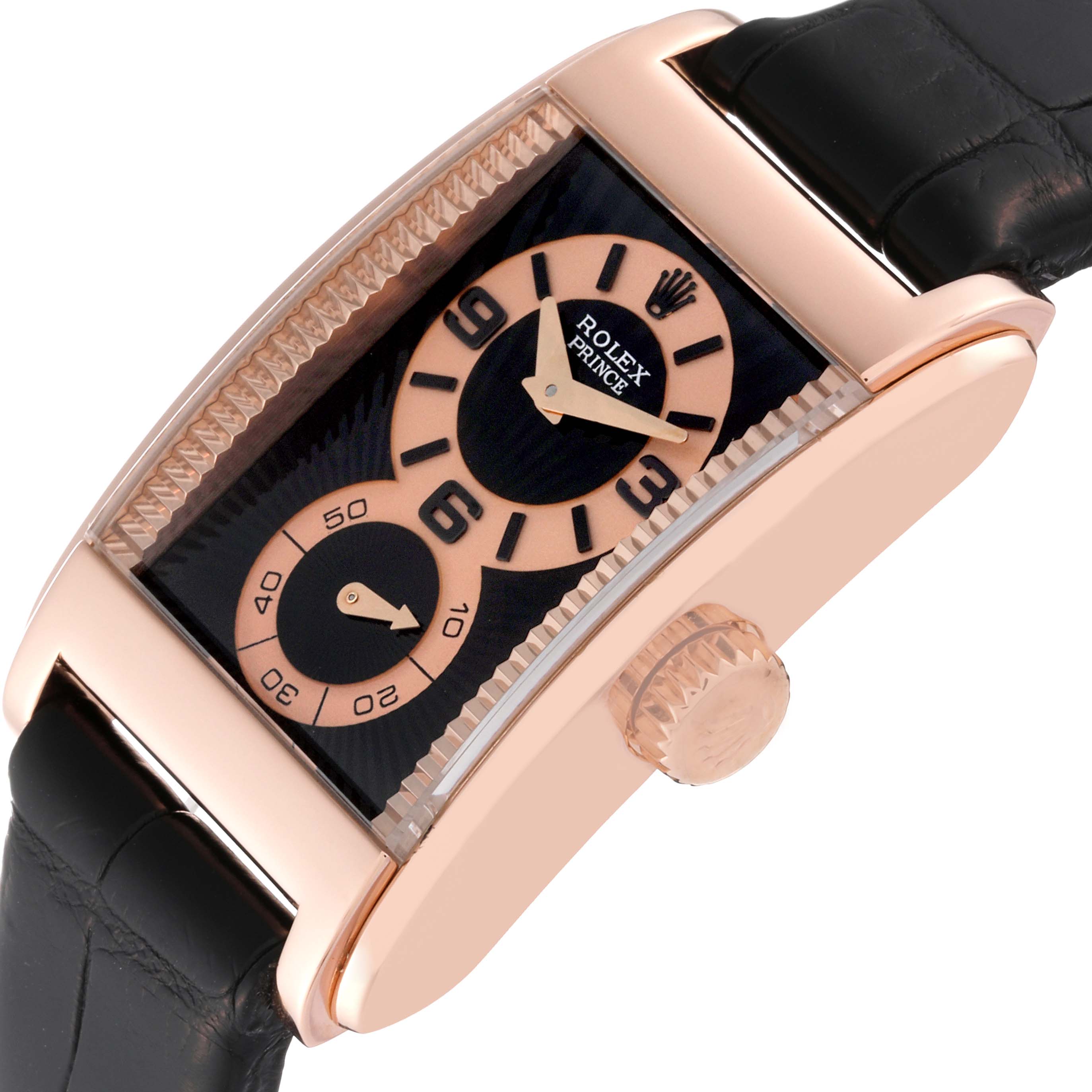 The image shows a Rolex Cellini 5442/5 Men's Rose Gold Black Dial 5442/5 Men's Rose Gold Black Dial Prince watch from an angled perspective, highlighting the dial, crown, and part of the strap.